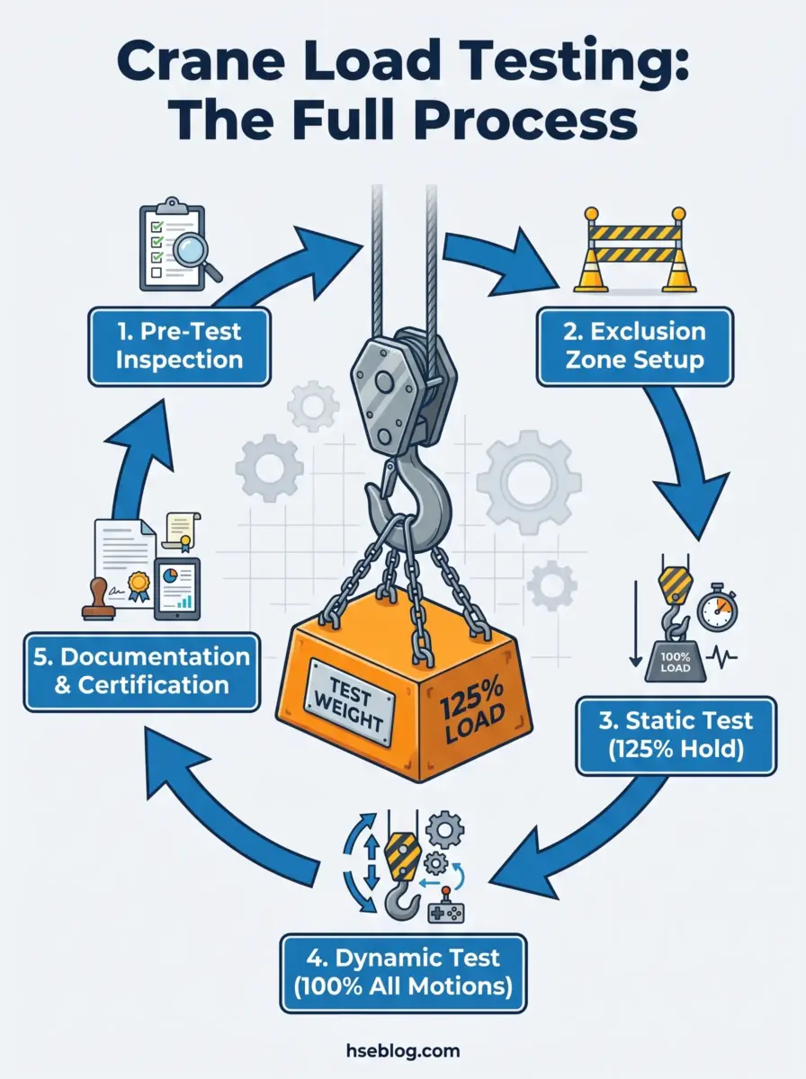 Infographic showing the five-step crane load testing process: pre-test inspection, exclusion zone setup, static test at 125% load, dynamic test with all motions, and documentation with certification.