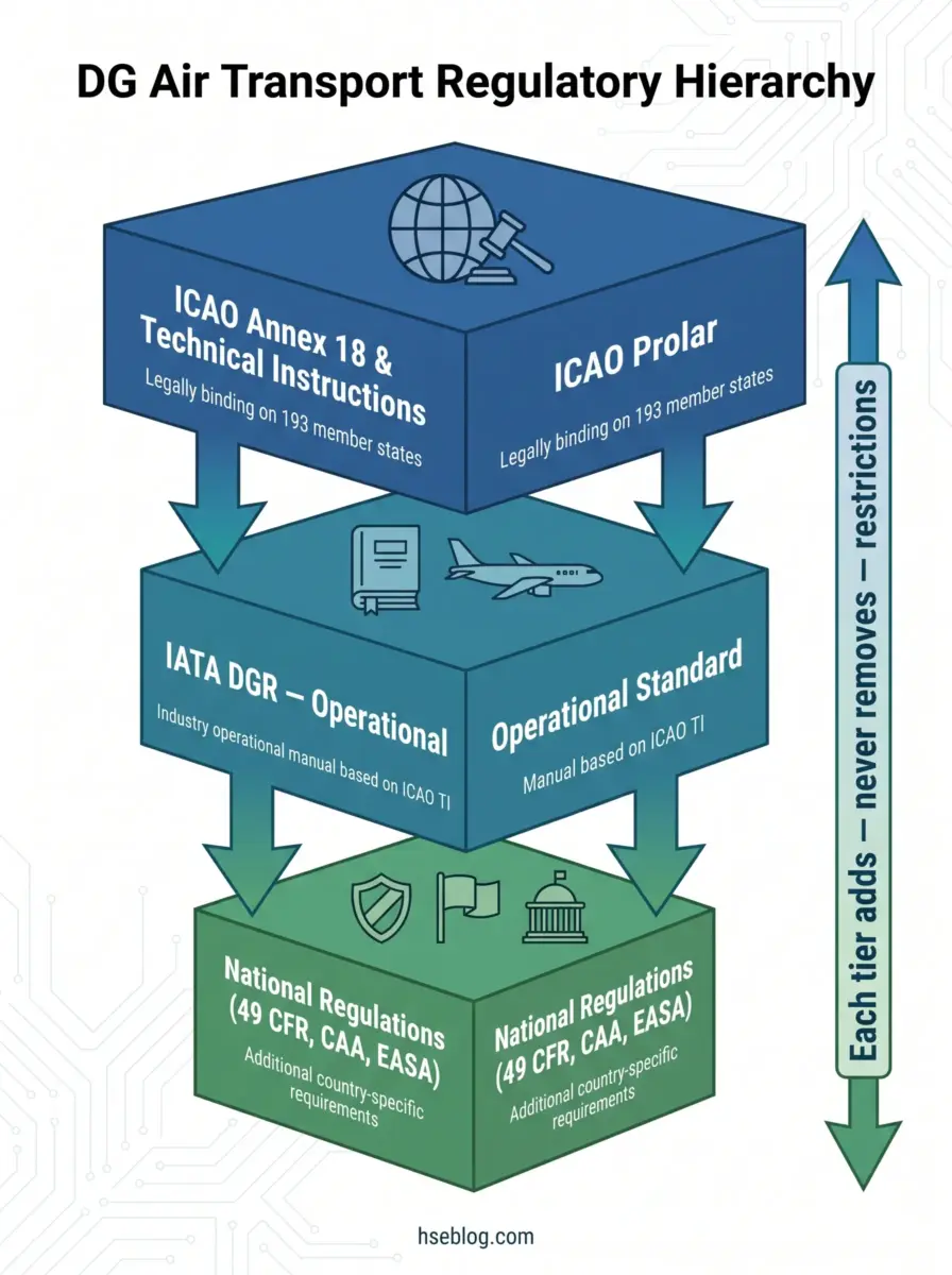 Hierarchical diagram showing DG Air Transport Regulatory structure from ICAO at top through IATA standards to national regulations, with arrows indicating increasingly specific requirements.