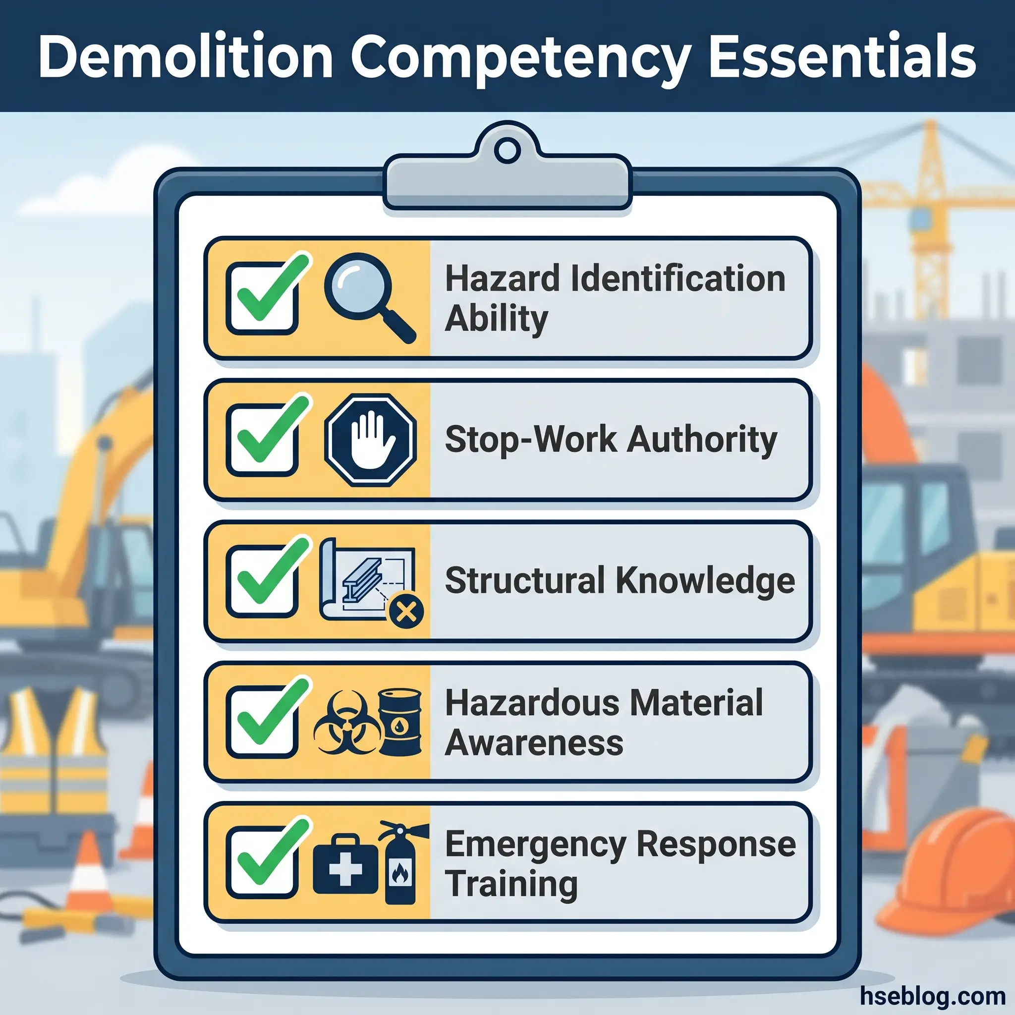 Checklist displaying five essential demolition competencies: hazard identification ability, stop-work authority, structural knowledge, hazardous material awareness, and emergency response training, set against a construction site background.