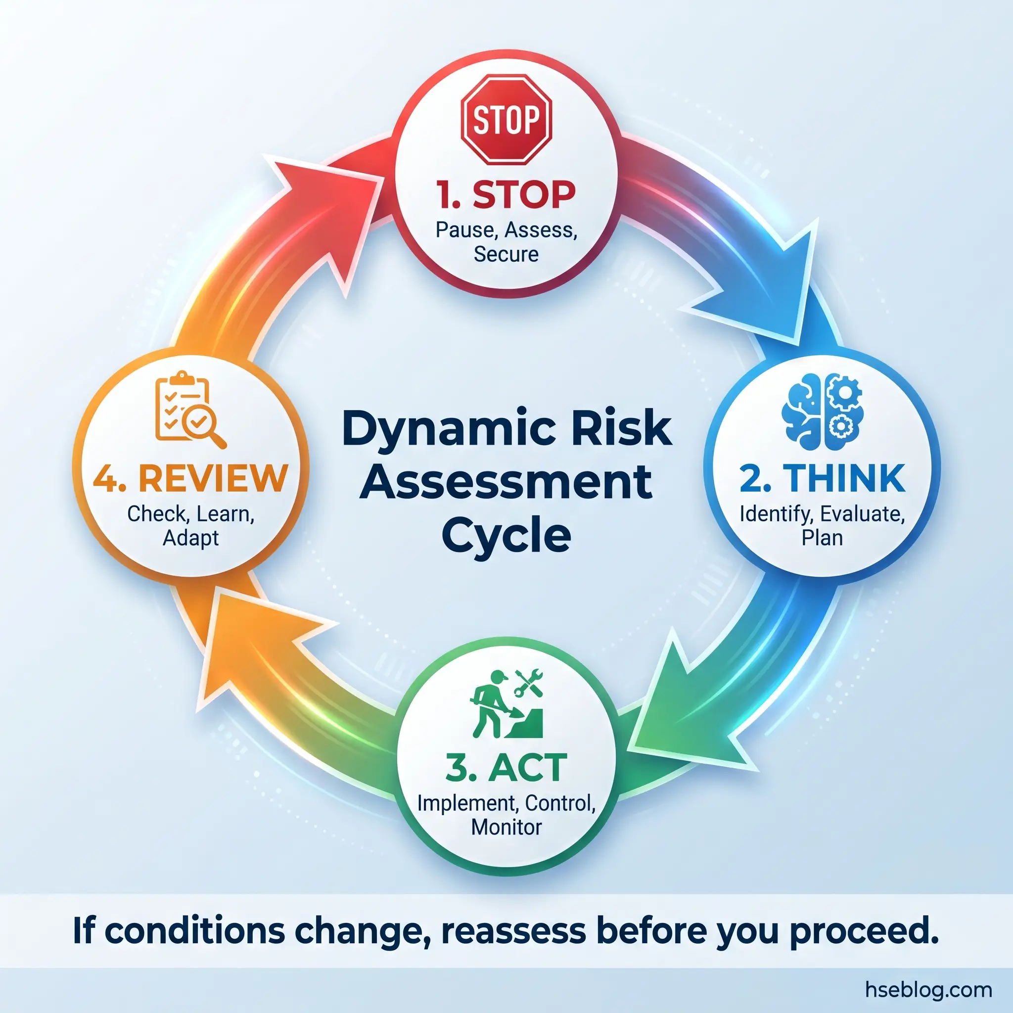 Circular diagram showing the Dynamic Risk Assessment Cycle with four interconnected steps: Stop (Pause, Assess, Secure), Think (Identify, Evaluate, Plan), Act (Implement, Control, Monitor), and Review (Check, Learn, Adapt), with a note to reassess if conditions change.