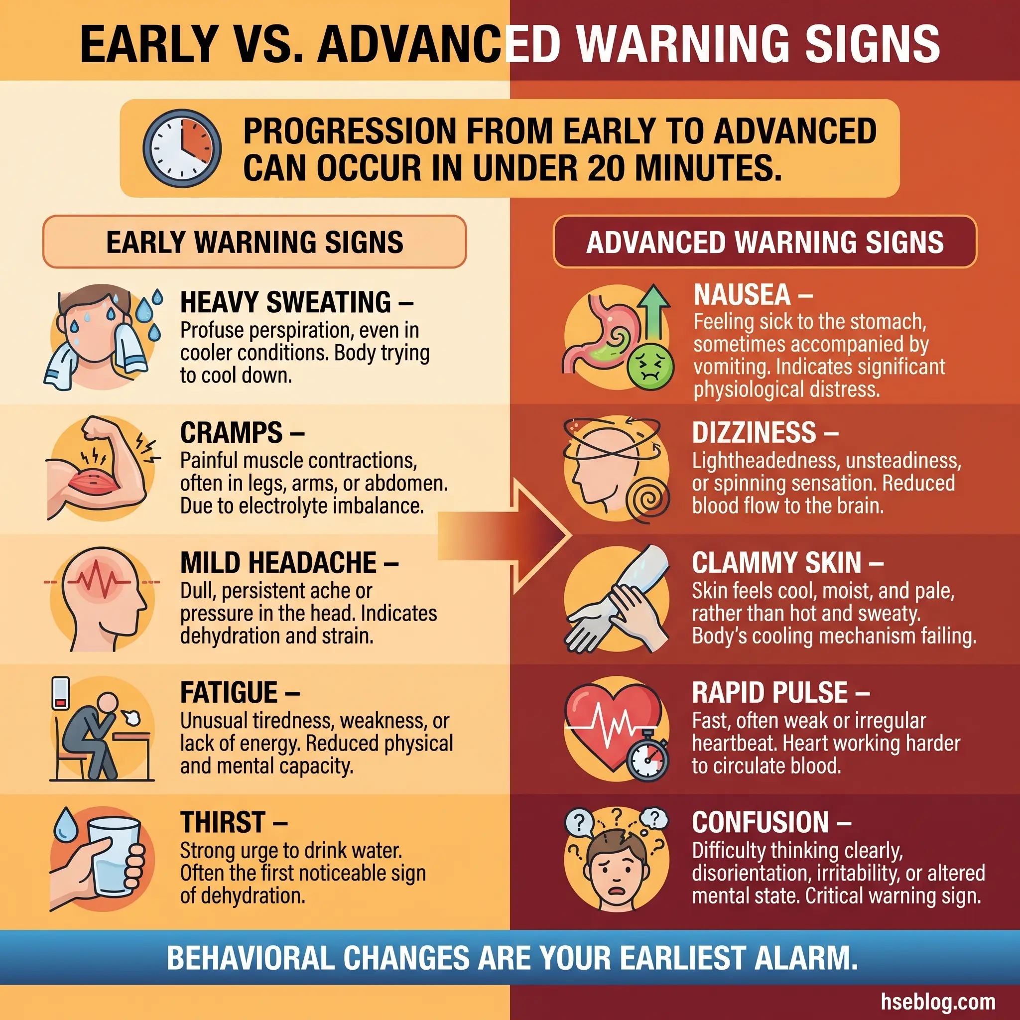 Infographic comparing early and advanced heat illness warning signs, showing symptoms like sweating and cramps progressing to nausea, dizziness, and confusion, with note that progression can occur in under 20 minutes.