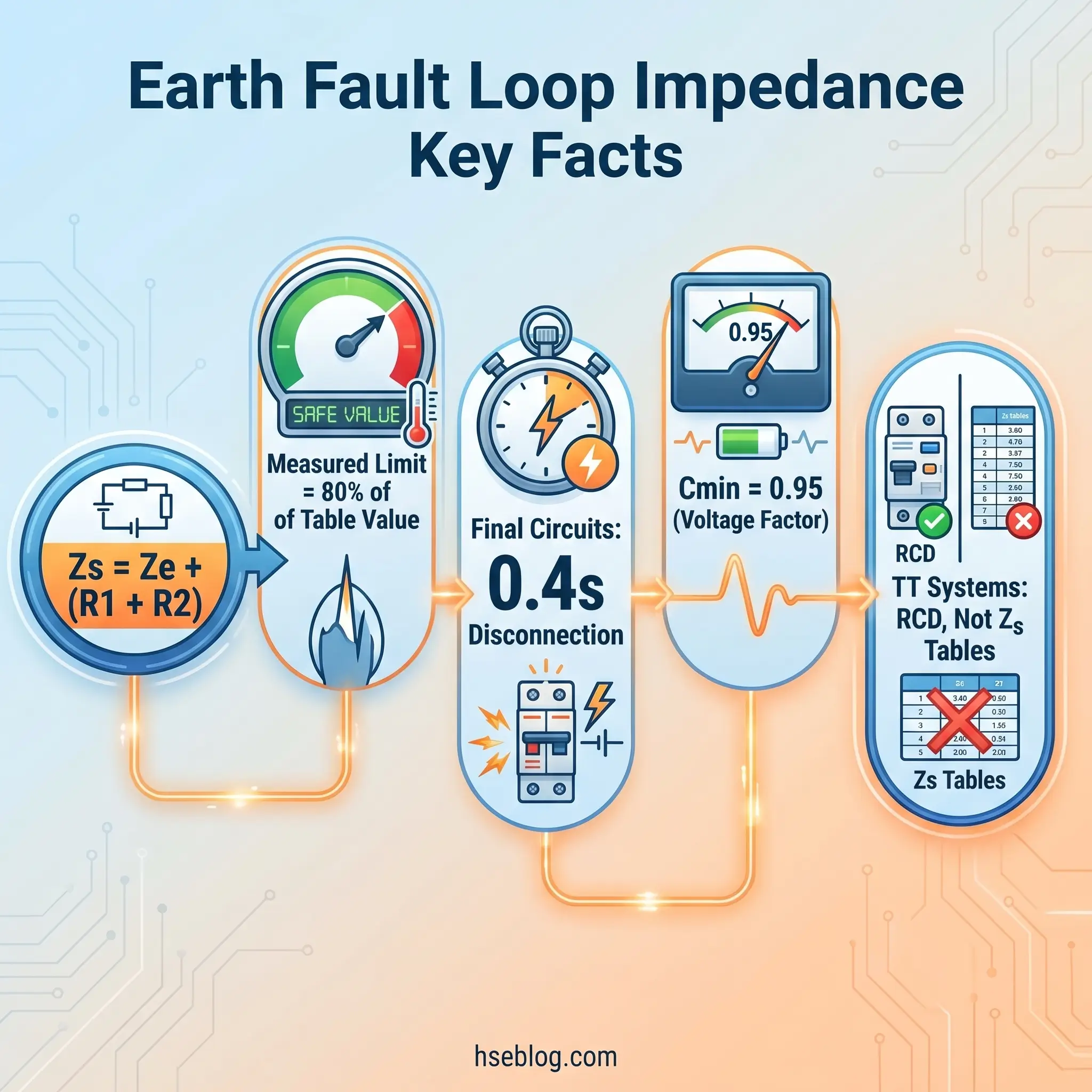 Infographic showing earth fault loop impedance calculation steps: source impedance formula, 80% measured limit of table value, 0.4 second final circuit disconnection time, 0.95 voltage factor minimum, and RCD TT systems guidance with comparison tables.