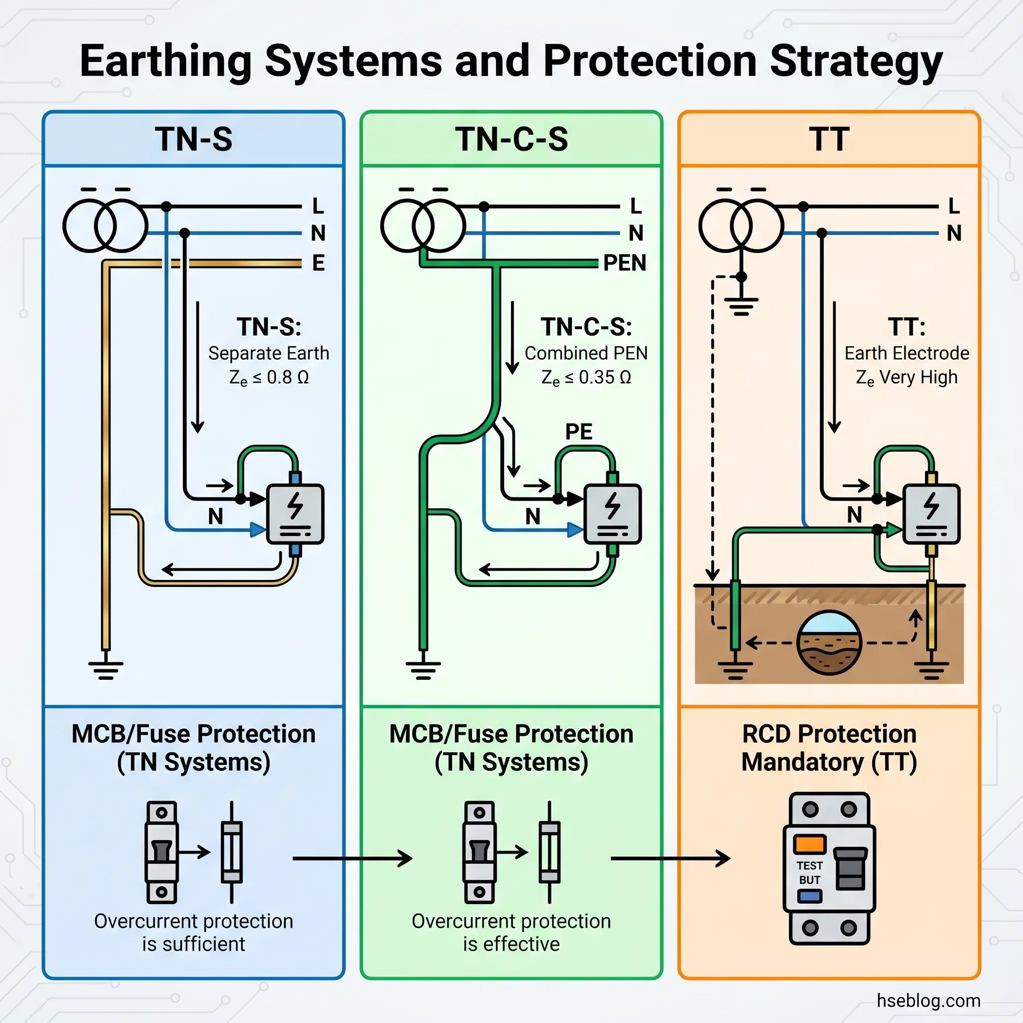 Comparison of three earthing systems for electrical protection: TN-S with separate earth, TN-C-S with combined PEN conductor, and TT with earth electrode, showing wiring diagrams and protection requirements.