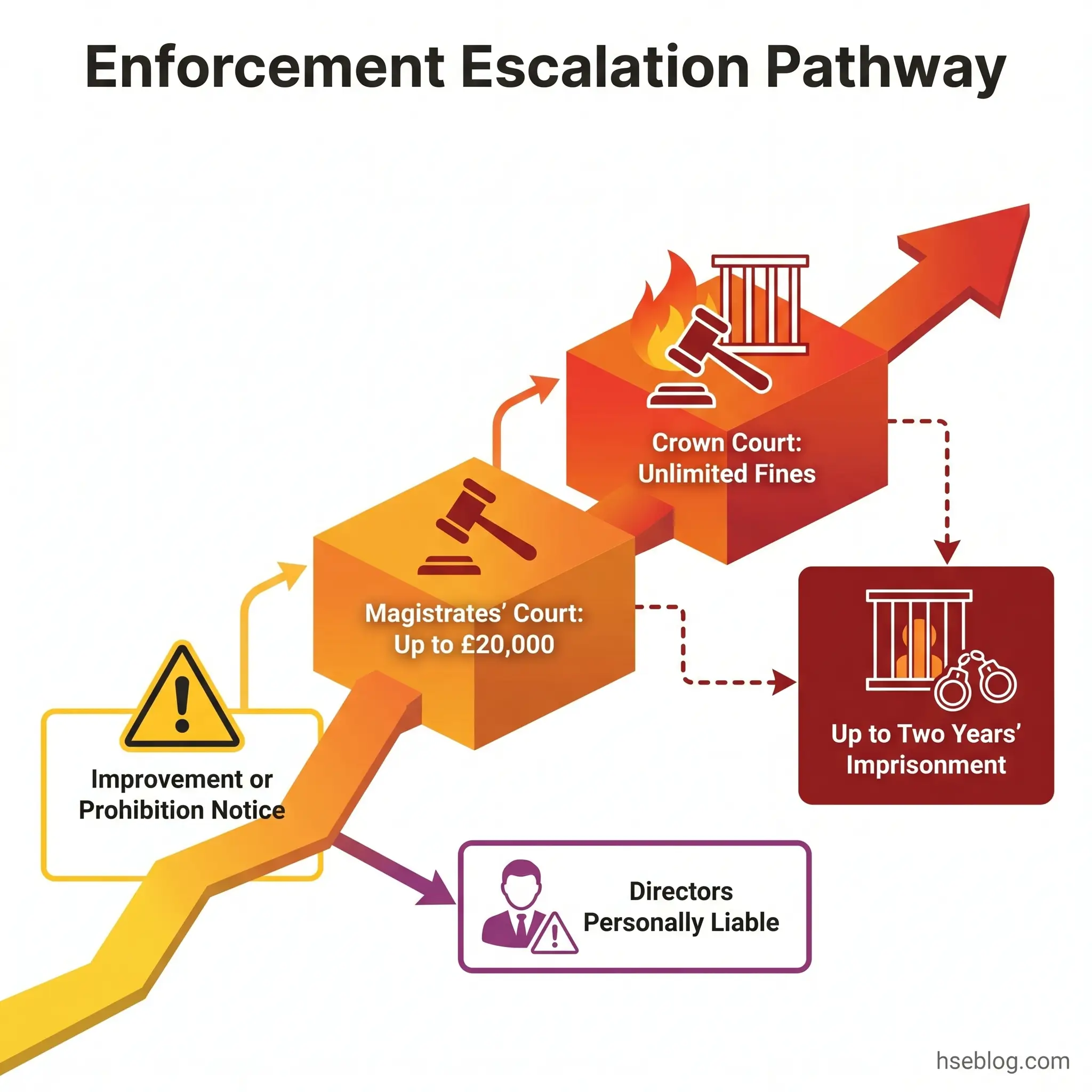 Enforcement escalation pathway showing progression from improvement notice through magistrates' court fines up to crown court penalties, imprisonment, and director liability.