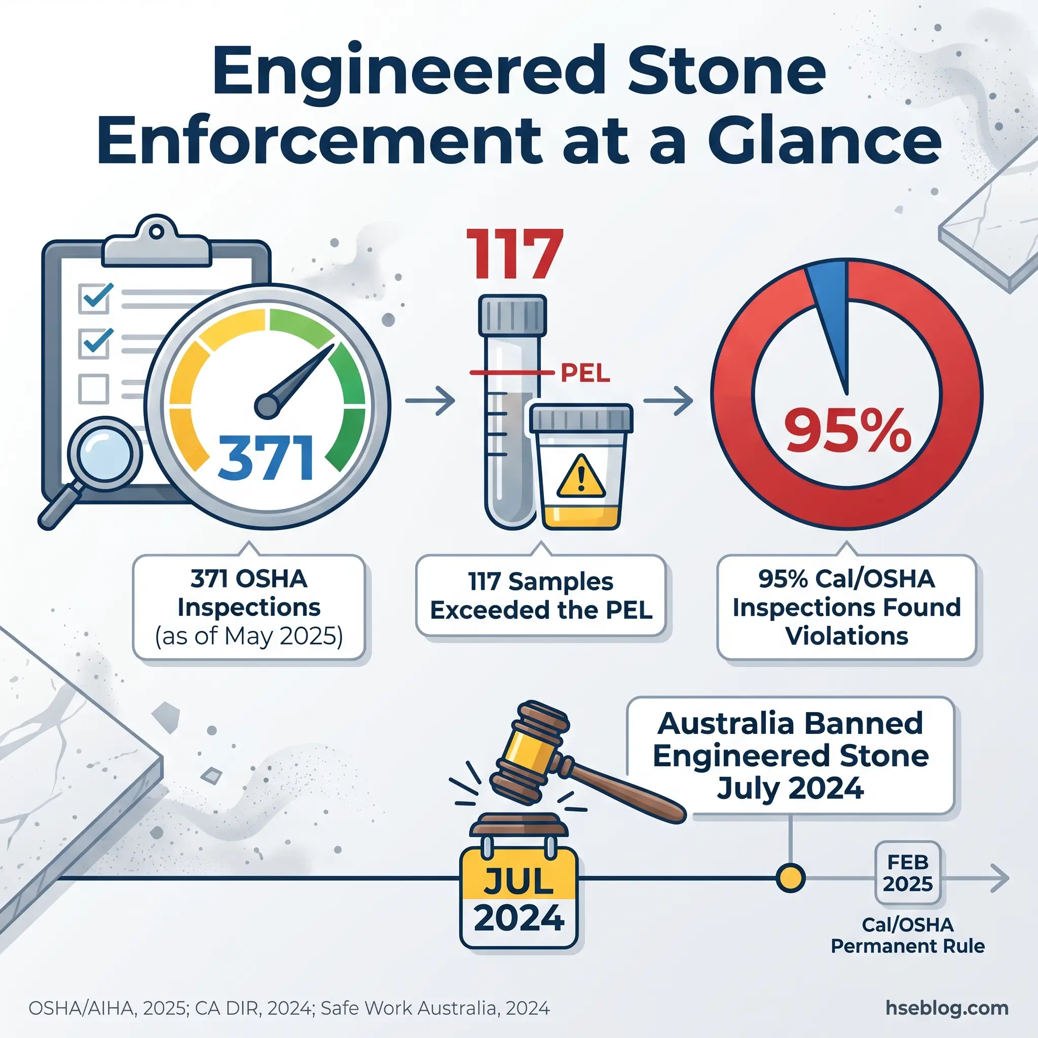 Infographic showing engineered stone enforcement data: 371 OSHA inspections, 117 samples exceeding PEL limits, 95% violations found, Australia's July 2024 ban, and Cal/OSHA permanent rule expected February 2025.