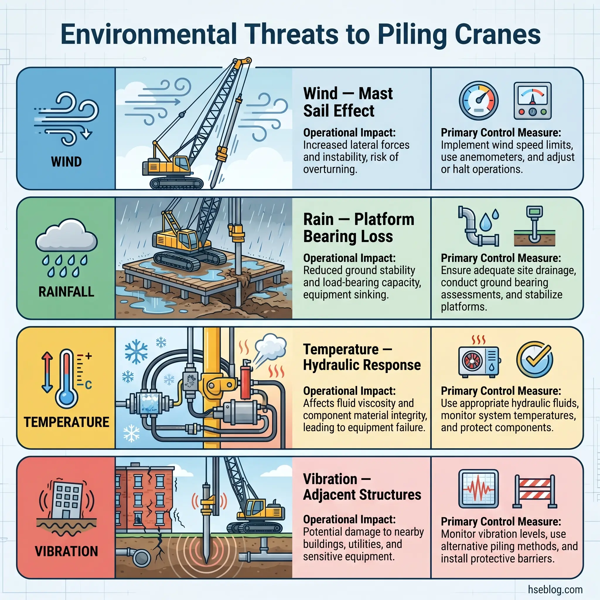 Infographic showing five environmental threats to piling cranes: wind causing mast sail effect, rain reducing platform bearing capacity, temperature affecting hydraulic response, and vibration damaging adjacent structures, with operational impacts and control measures for each.
