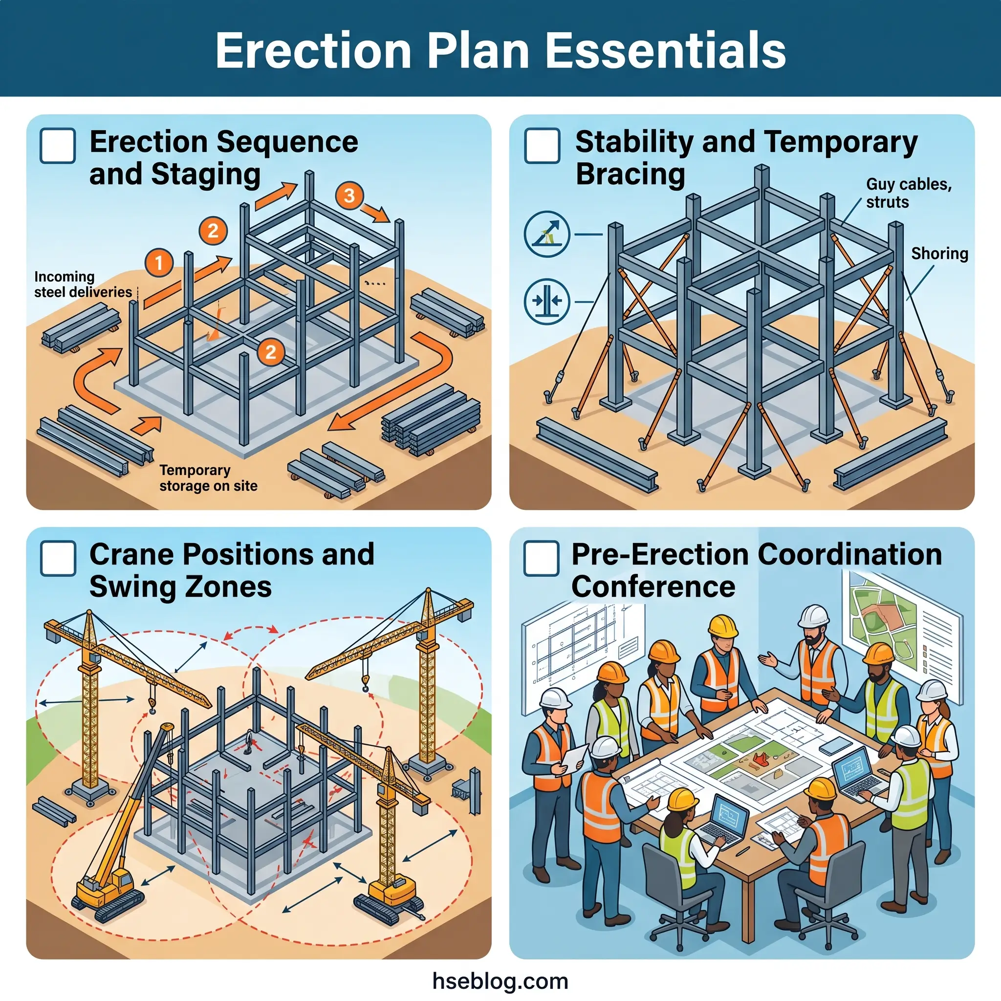 Four-panel infographic showing steel building erection essentials including sequencing stages, stability bracing systems, crane positioning zones, and a pre-erection coordination meeting with construction workers reviewing site plans.