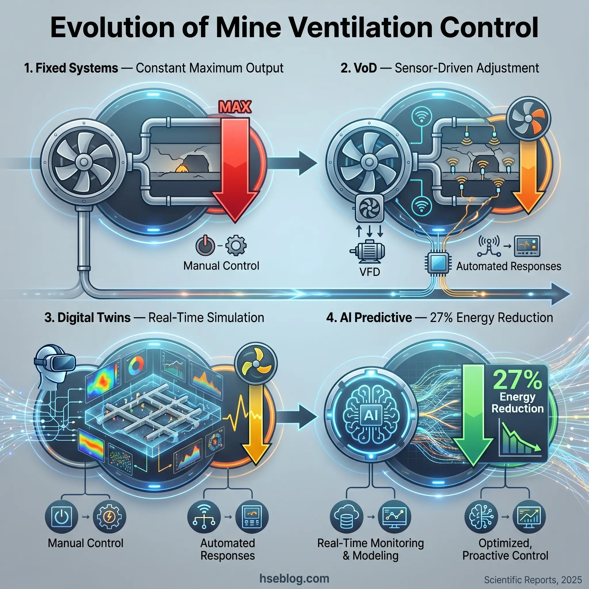 Infographic showing the progression of mine ventilation control technology from fixed maximum output systems to sensor-driven VoD, digital twin simulations, and AI predictive models achieving 27% energy reduction.