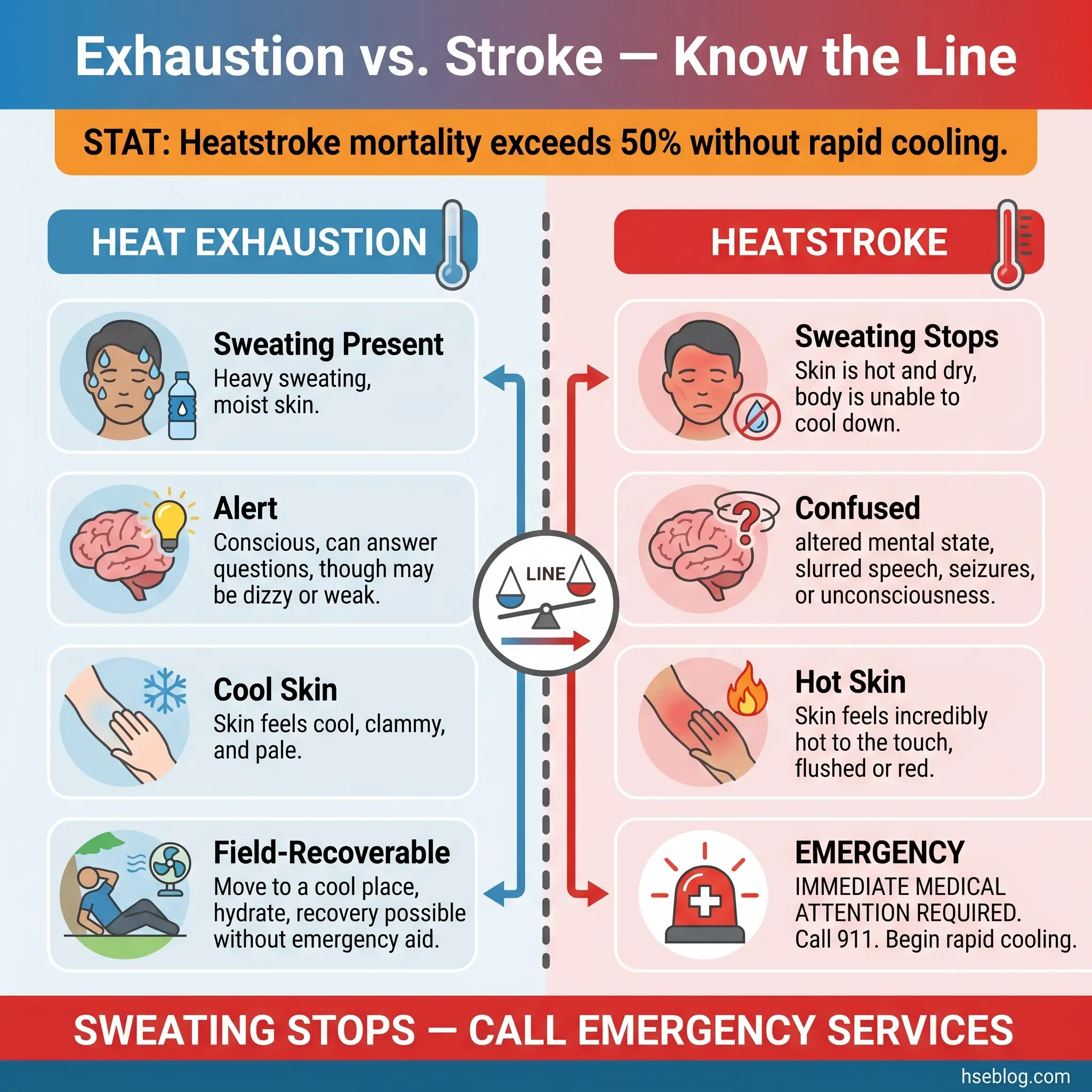 Infographic comparing heat exhaustion and heatstroke symptoms, showing key differences including sweating presence, skin temperature, mental alertness, and when to seek emergency medical care.