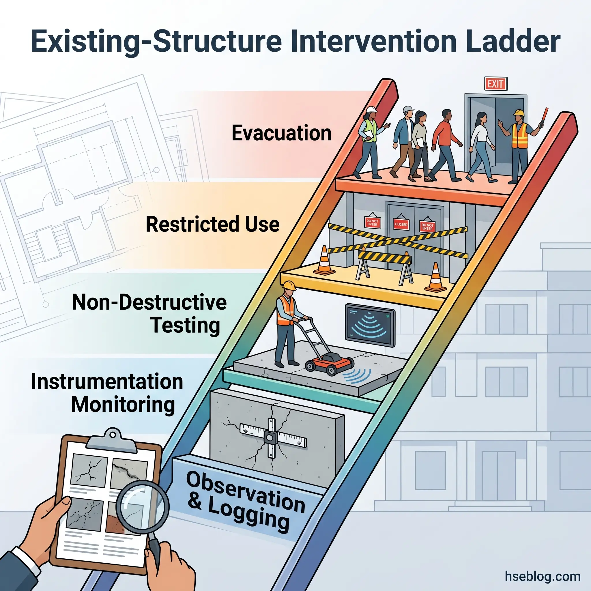 Illustration of a ladder showing five levels of building intervention strategies, from observation and monitoring at the base to evacuation at the top, with example activities at each level.