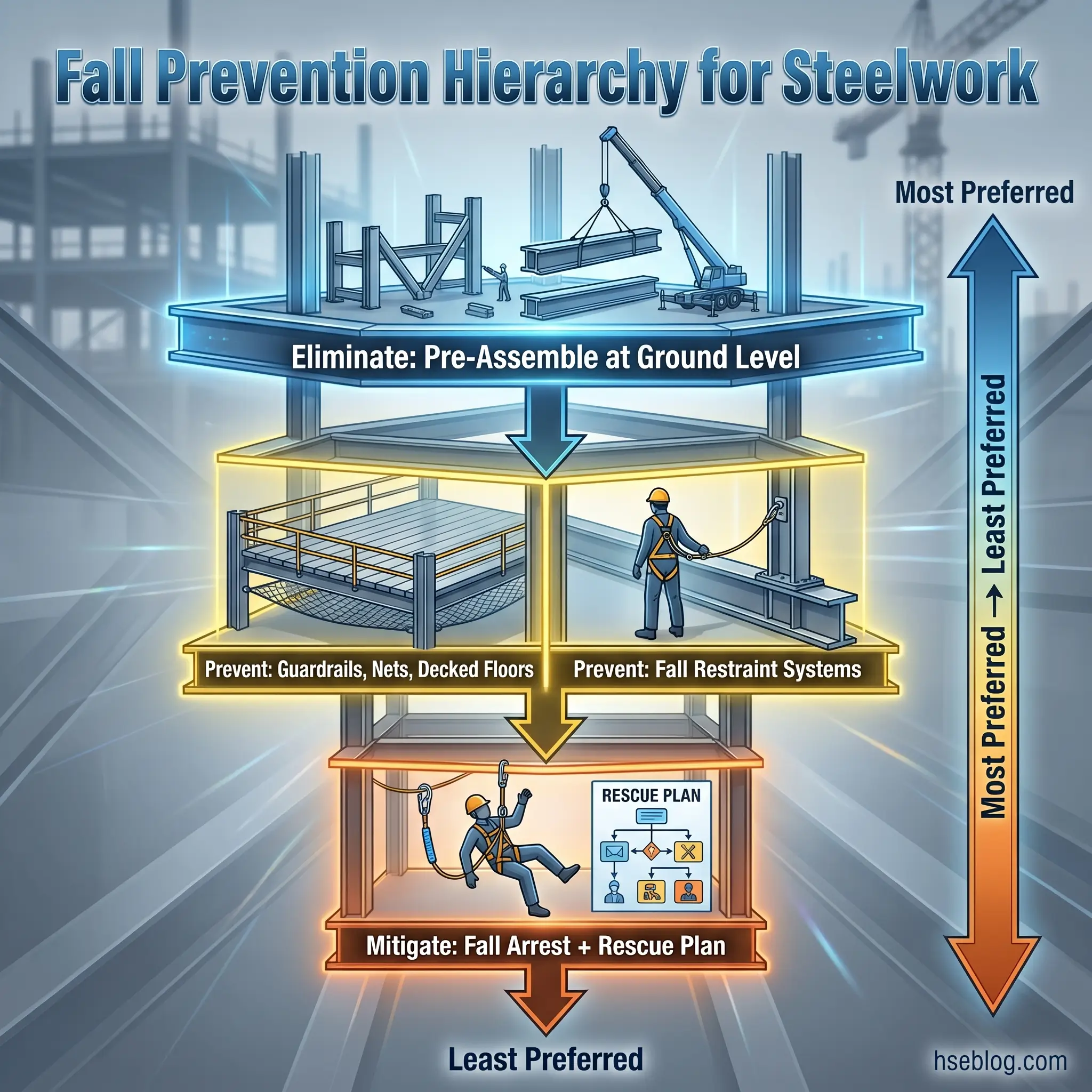 Hierarchical pyramid diagram showing fall prevention strategies for steelwork construction, from most preferred elimination methods at top to least preferred fall arrest mitigation at bottom.