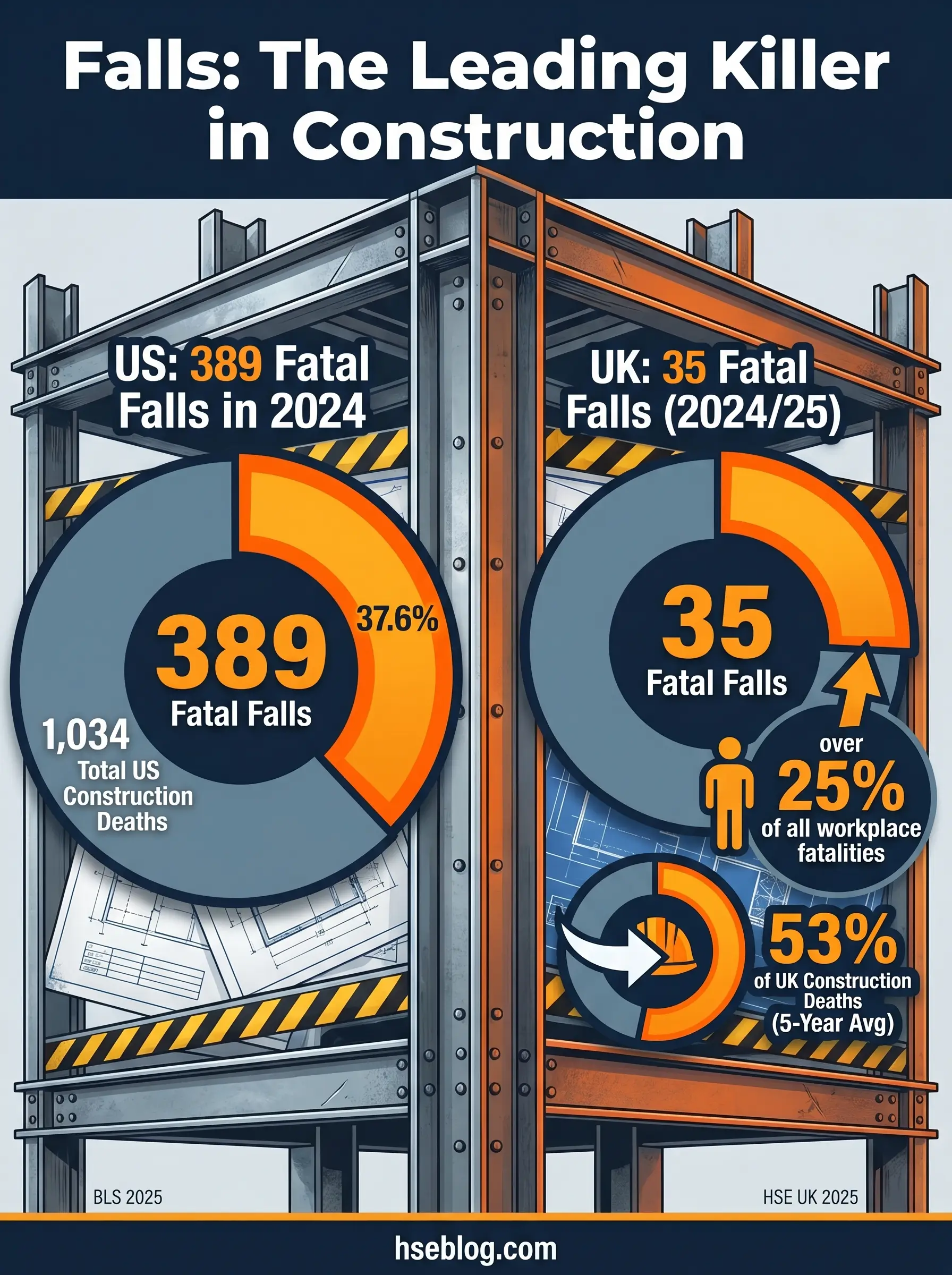 Infographic comparing construction fall fatalities in the US and UK, showing 389 fatal falls represent 37.6% of 1,034 total US construction deaths in 2024, while 35 UK fatal falls represent 53% of construction deaths and over 25% of all workplace fatalities.