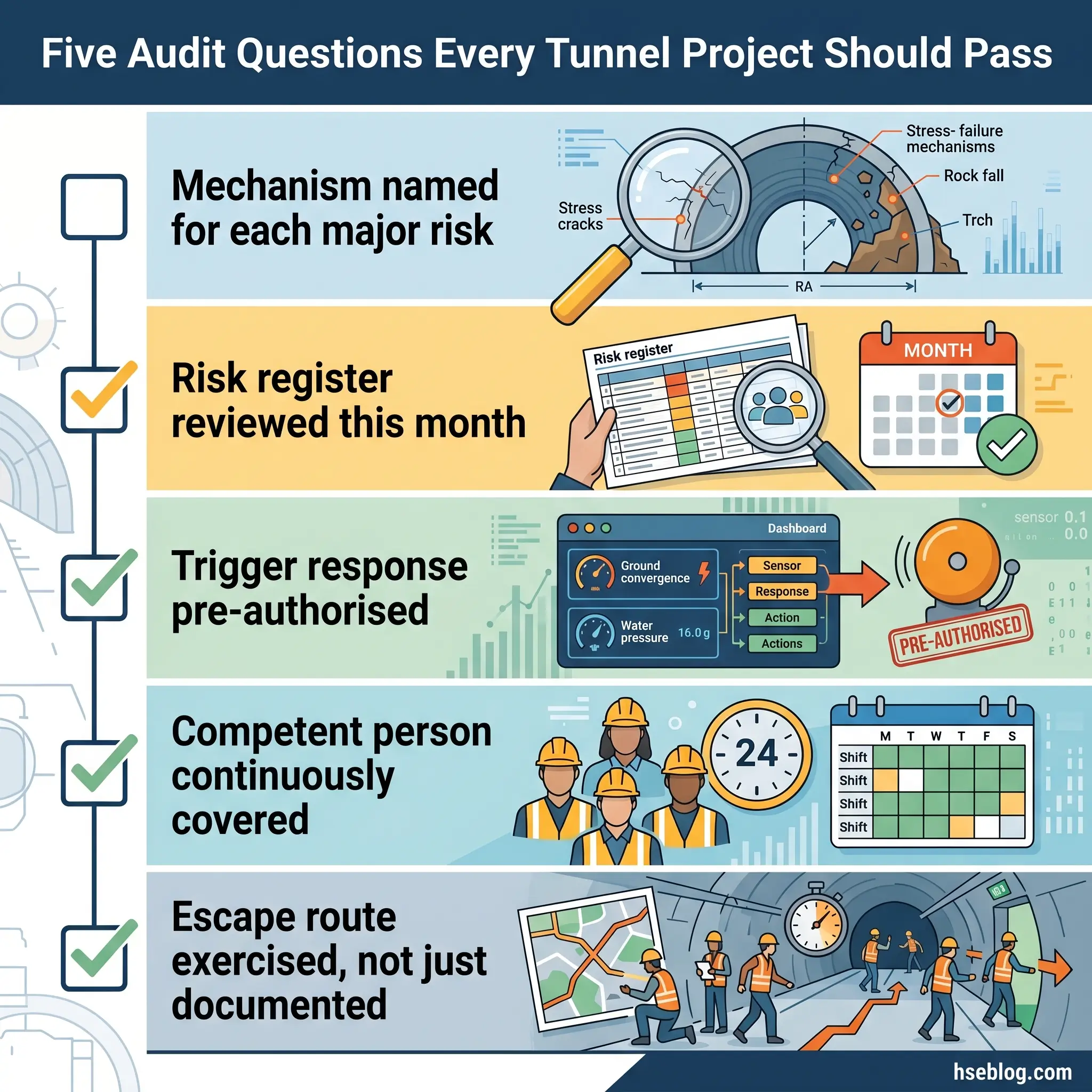 Infographic showing five essential audit questions for tunnel projects: naming risk mechanisms, monthly risk register reviews, pre-authorized trigger responses, continuous competent personnel coverage, and exercised escape route procedures.