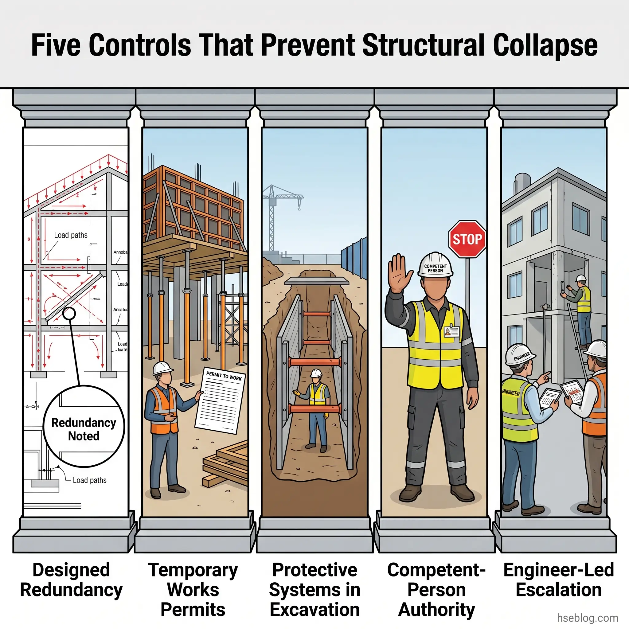 Infographic showing five structural collapse prevention controls: designed redundancy with load path diagrams, temporary works permits, protective systems in excavation, competent person authority, and engineer-led escalation procedures.