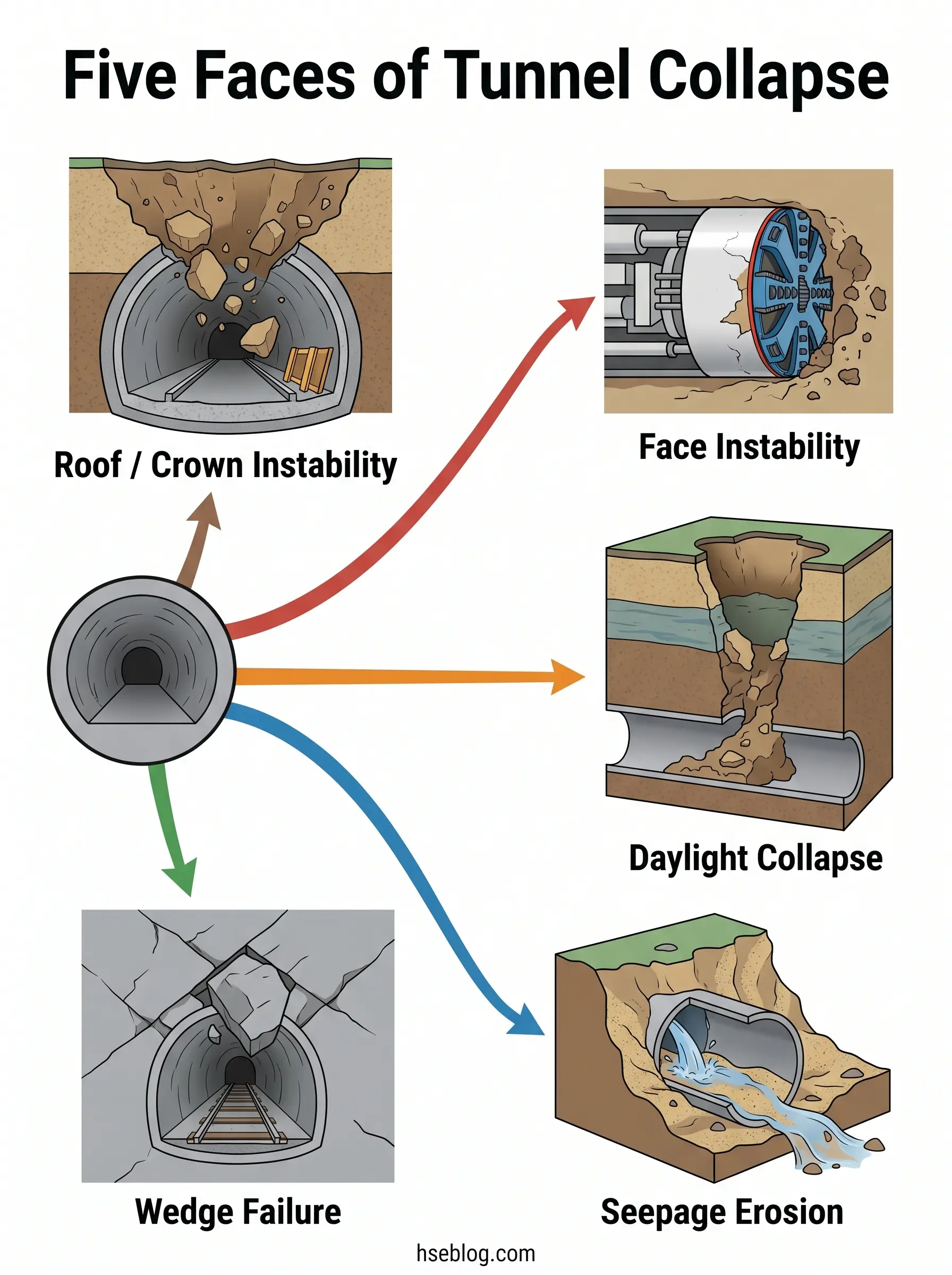 Diagram showing five types of tunnel collapse mechanisms: roof/crown instability, face instability, daylight collapse, wedge failure, and seepage erosion, with arrows connecting each failure mode to a central tunnel cross-section.