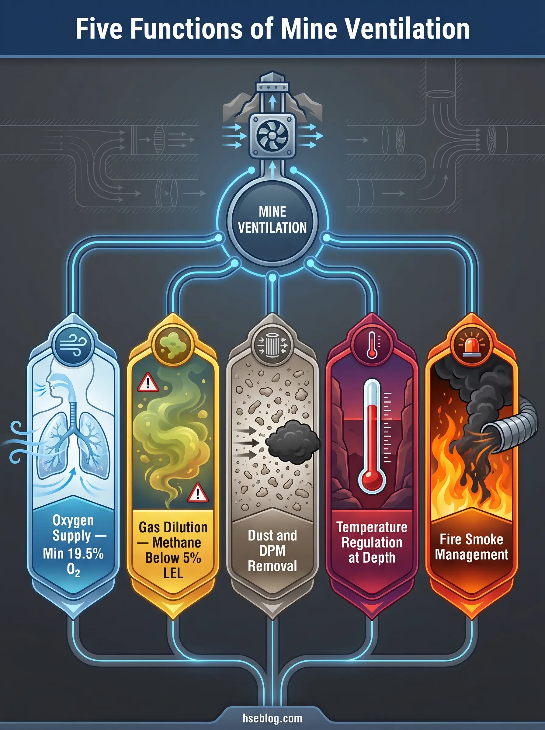 Infographic showing five functions of mine ventilation: oxygen supply, gas dilution for methane control, dust and DPM removal, temperature regulation, and fire smoke management, each represented by color-coded icons connected to a central ventilation fan.