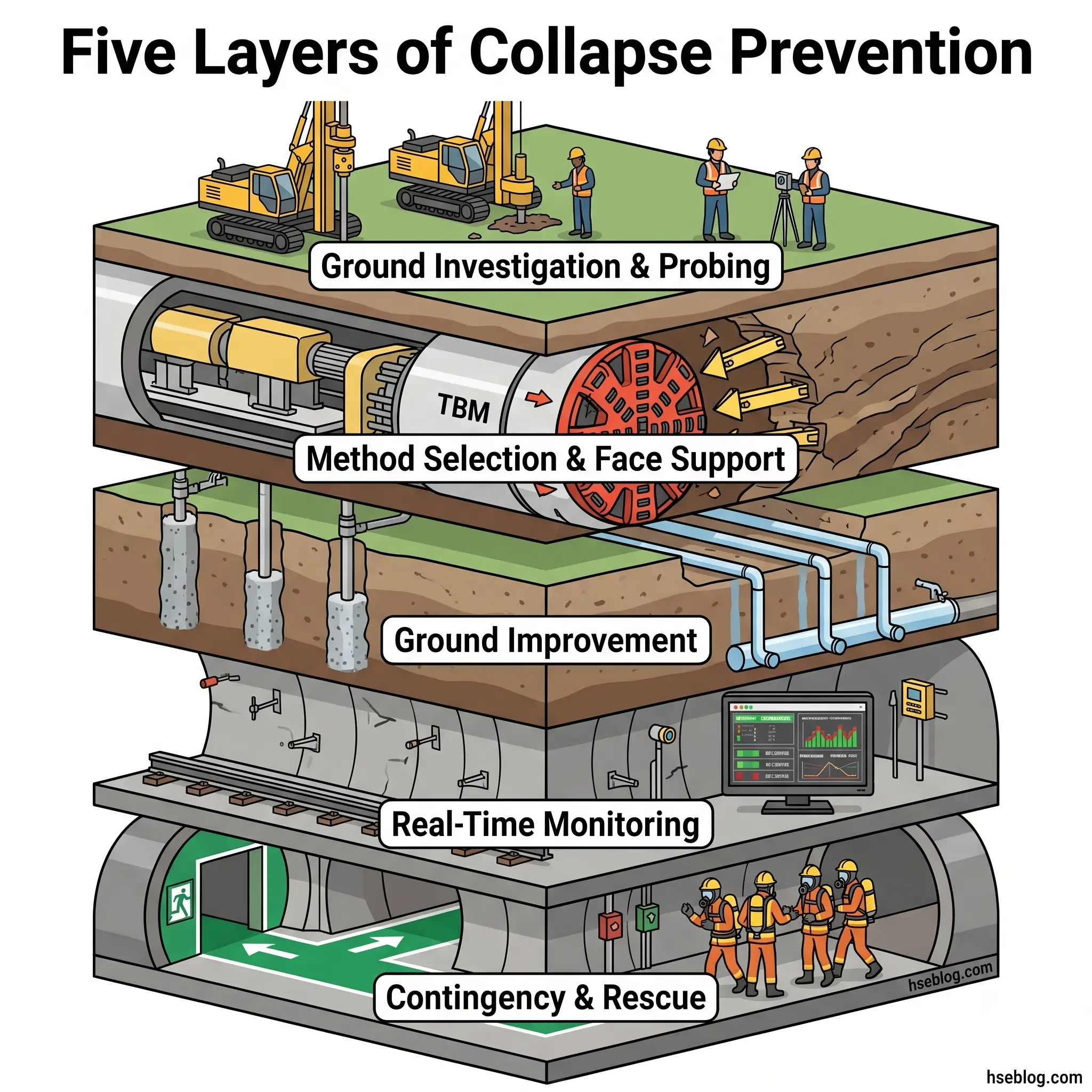 Illustrated cross-section diagram showing five layered systems for tunnel collapse prevention, from ground investigation at top through contingency and rescue protocols at bottom.