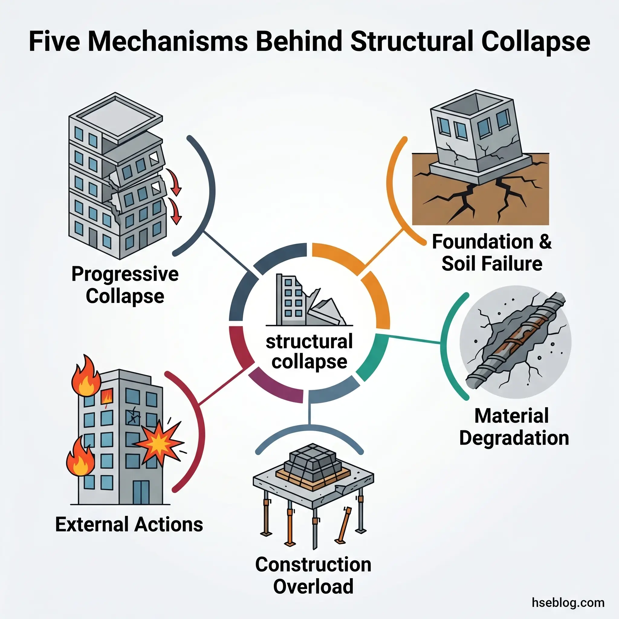 Infographic showing five mechanisms causing structural collapse: progressive collapse, foundation and soil failure, material degradation, construction overload, and external actions, all connected to a central collapsed building icon.