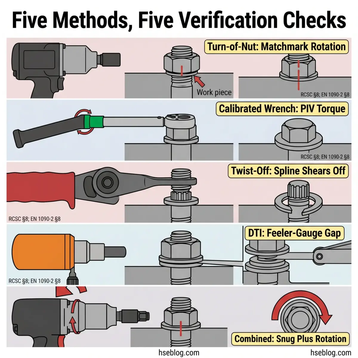Five fastener verification methods illustrated with tools and nuts: turn-of-nut matchmark rotation, calibrated wrench PIV torque, twist-off spline shears off, DTI feeler-gauge gap, and combined snug plus rotation.