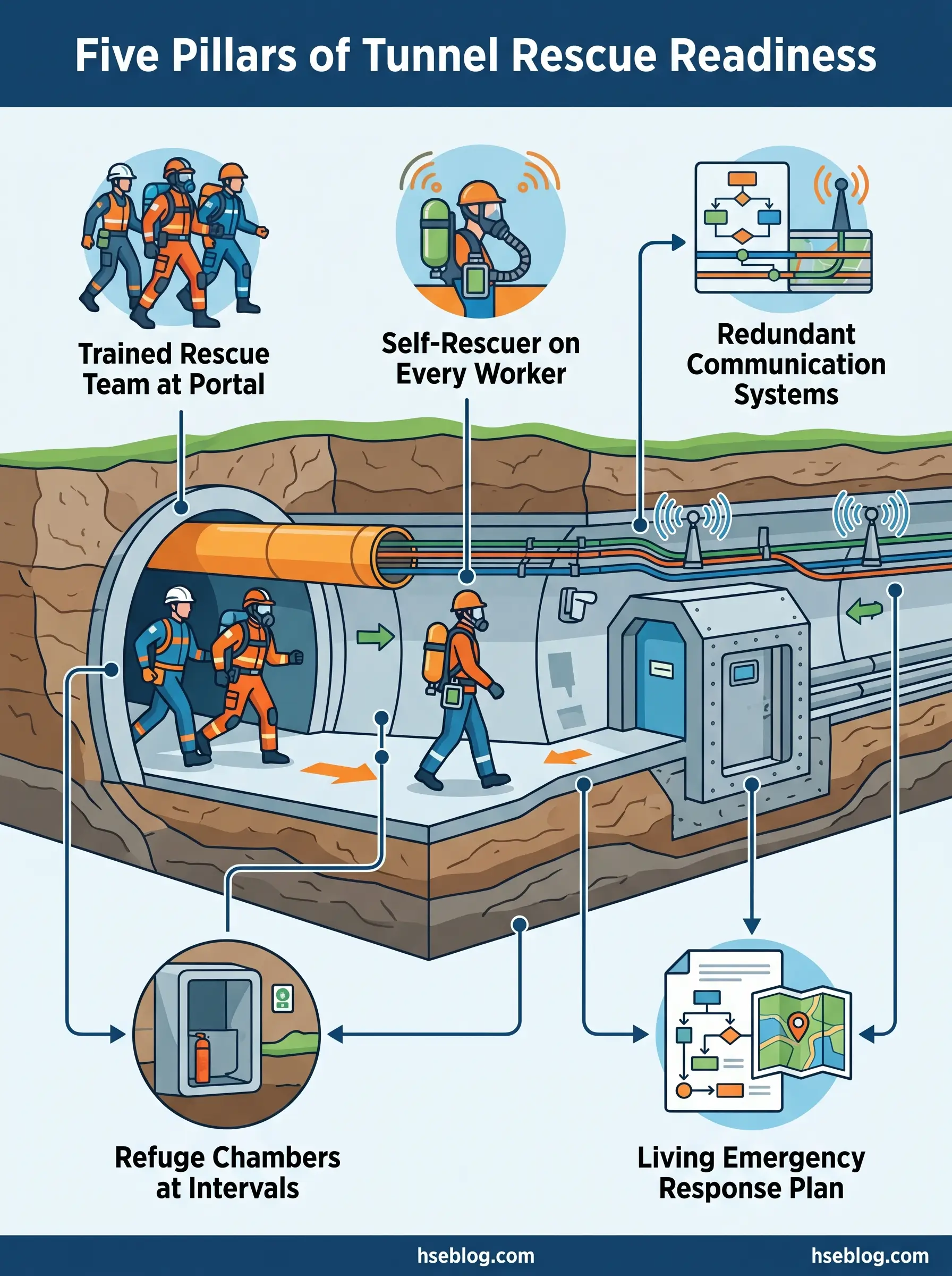 Infographic showing five pillars of tunnel rescue readiness: trained rescue team at portal, self-rescuer on every worker, redundant communication systems, refuge chambers at intervals, and living emergency response plan, illustrated with workers in underground tunnel environment.