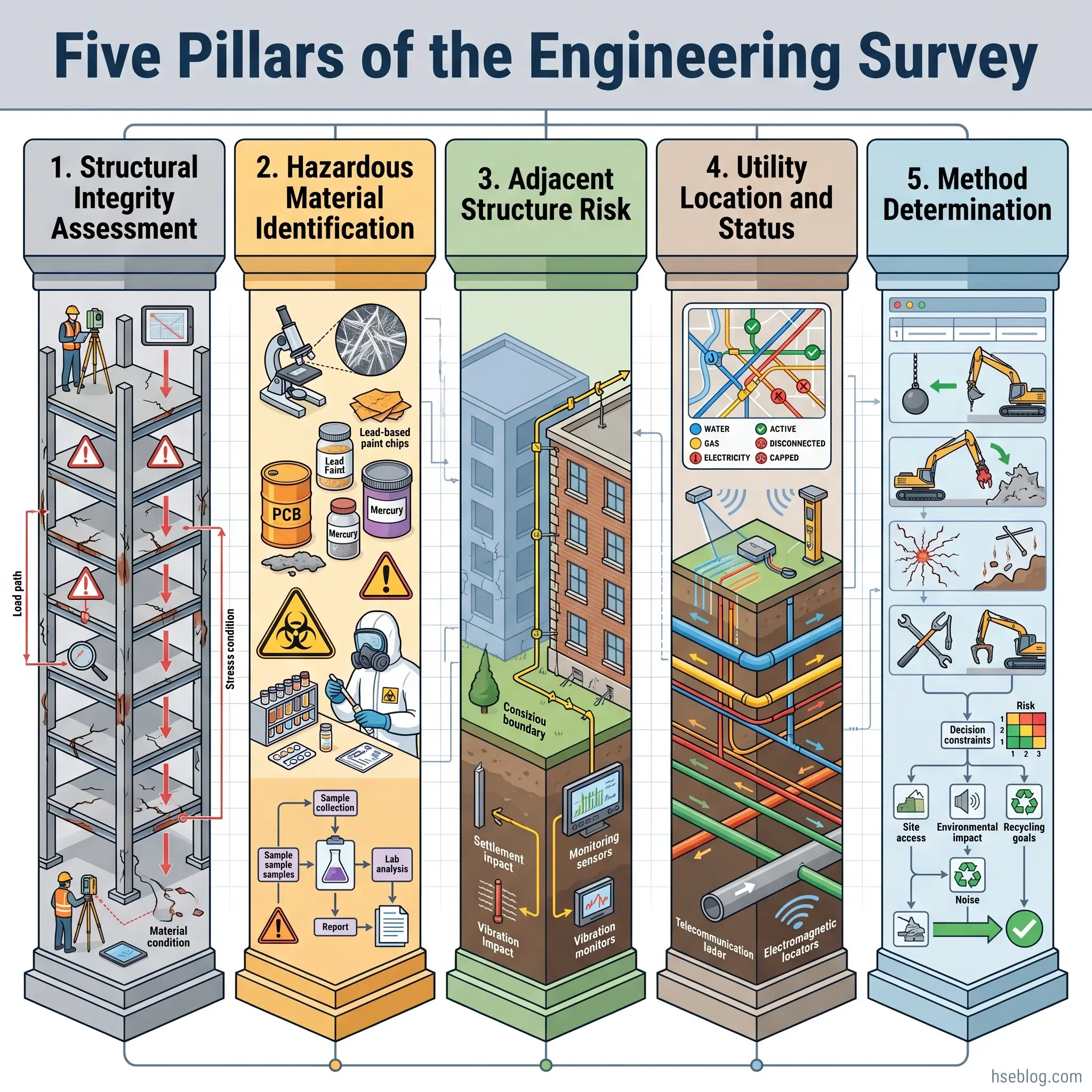 Infographic showing five pillars of engineering survey: structural integrity assessment, hazardous material identification, adjacent structure risk, utility location and status, and method determination for building inspection and remediation planning.