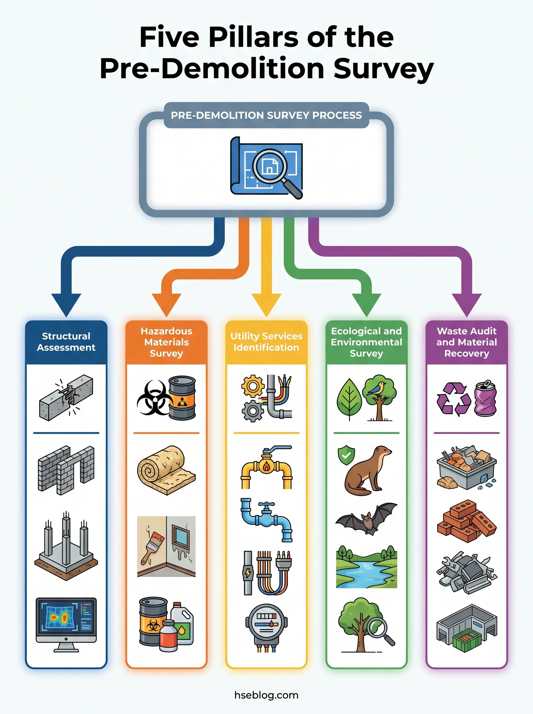 Infographic showing the five pillars of the pre-demolition survey process: structural assessment, hazardous materials survey, utility services identification, ecological and environmental survey, and waste audit and material recovery.