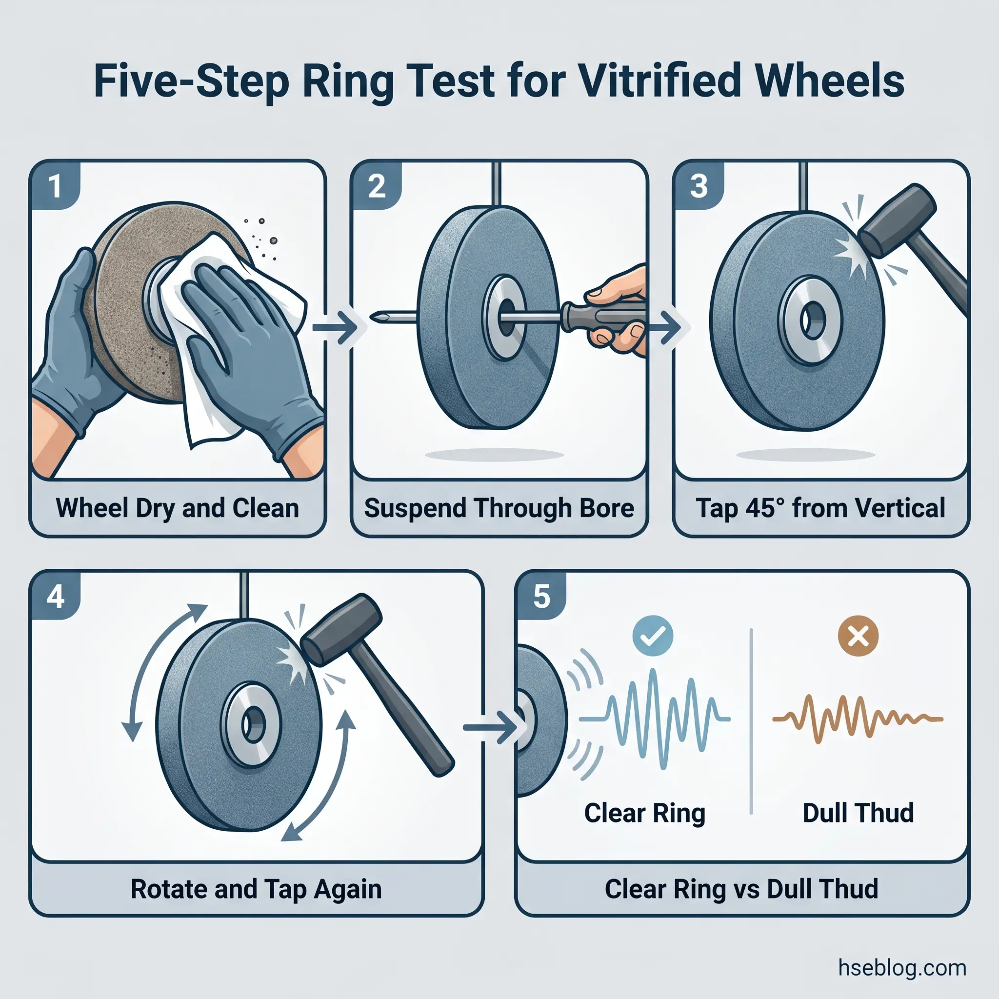 Illustrated step-by-step instructions for conducting a five-step ring test on vitrified wheels, showing cleaning, suspension, tapping at 45 degrees, rotation, and listening for clear ring versus dull thud sounds.