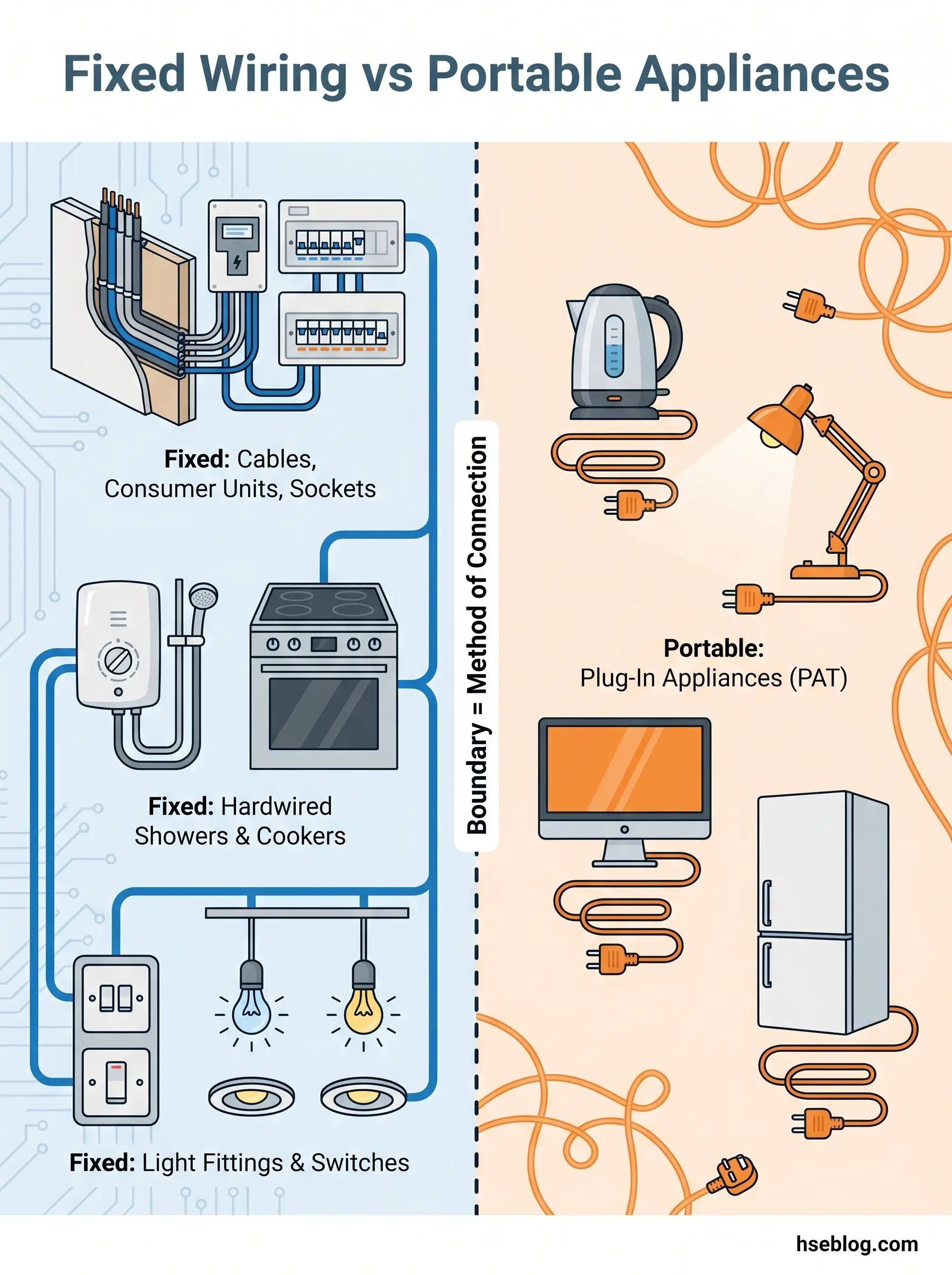 Infographic comparing fixed wiring installations including cables, hardwired appliances, and light fittings with portable plug-in appliances like kettles, lamps, and refrigerators connected by power cords.