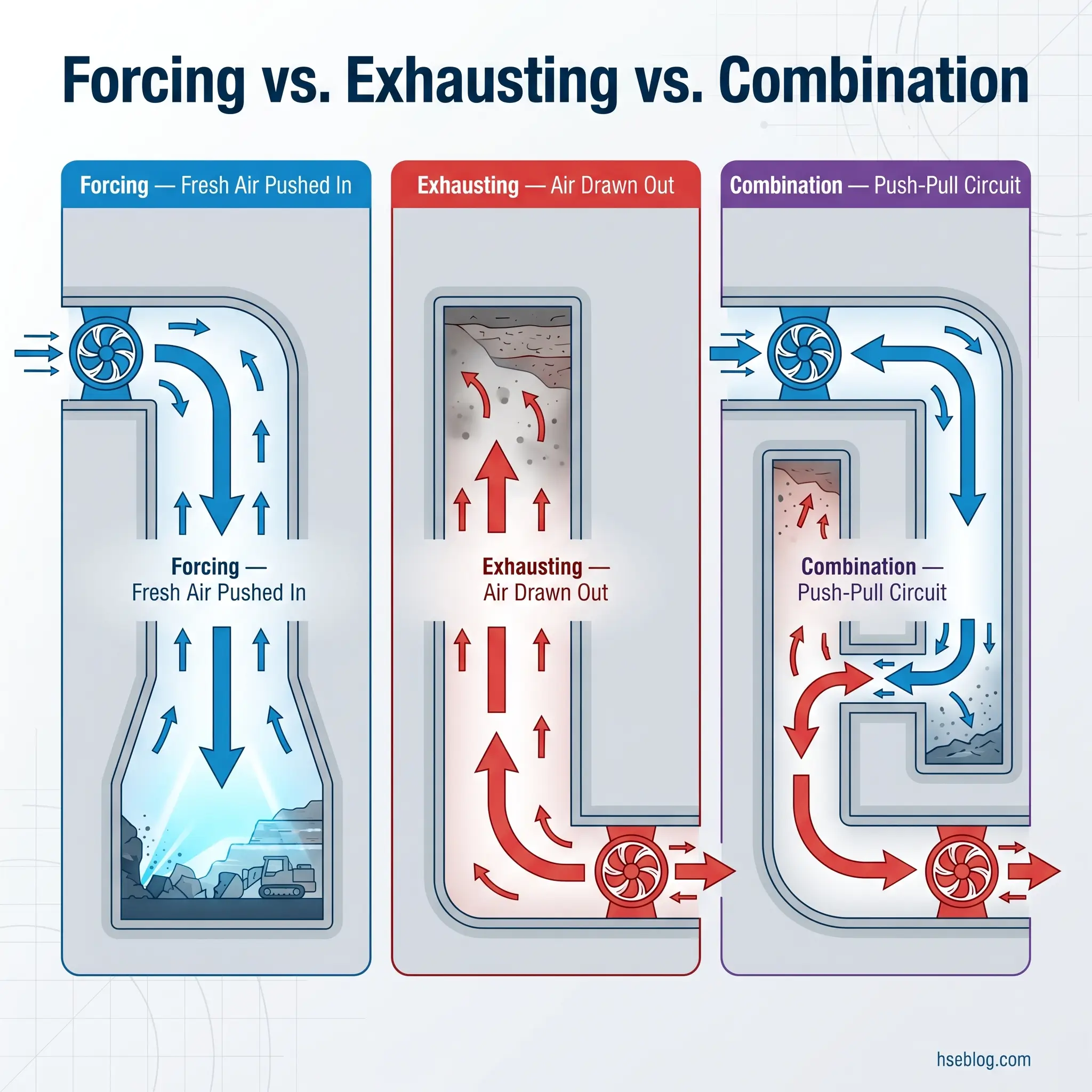 Three diagrams comparing ventilation systems: forcing pushes fresh air in with upward arrows, exhausting draws stale air out with upward arrows, and combination uses both intake and exhaust fans for balanced push-pull airflow circulation.