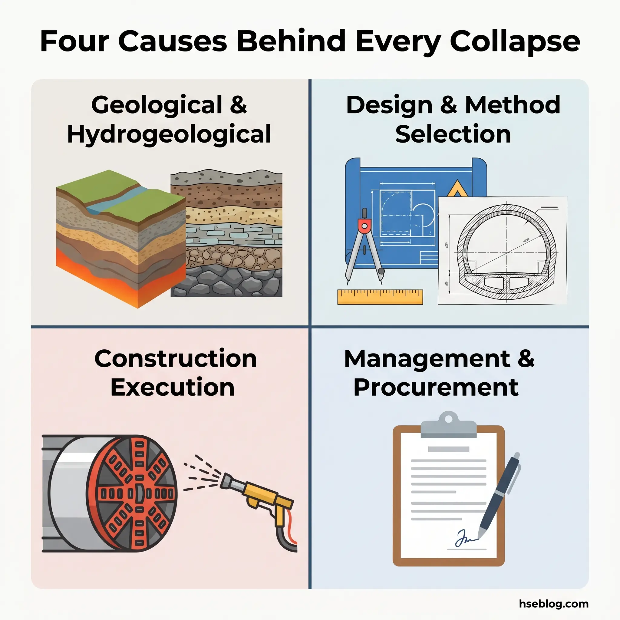 Four quadrants showing the main causes of structural collapse: geological and hydrogeological factors, design and method selection, construction execution, and management and procurement.