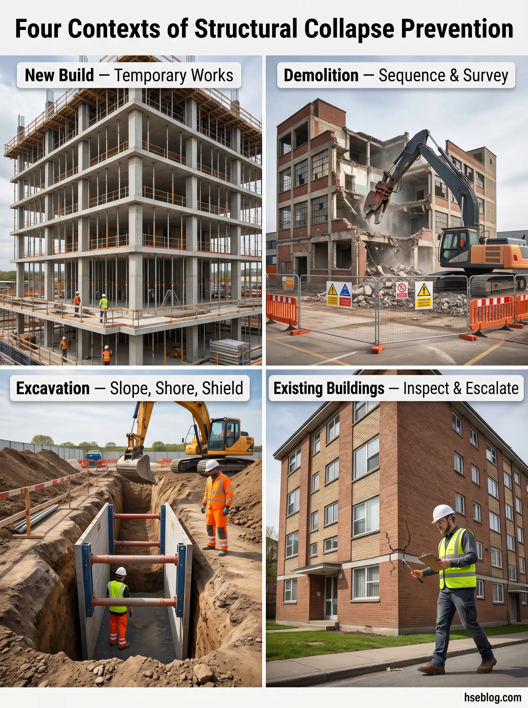 Four contexts of structural collapse prevention showing new building construction with temporary works, building demolition with excavation equipment, excavation site with slope shoring and shields, and existing building inspection by safety personnel.