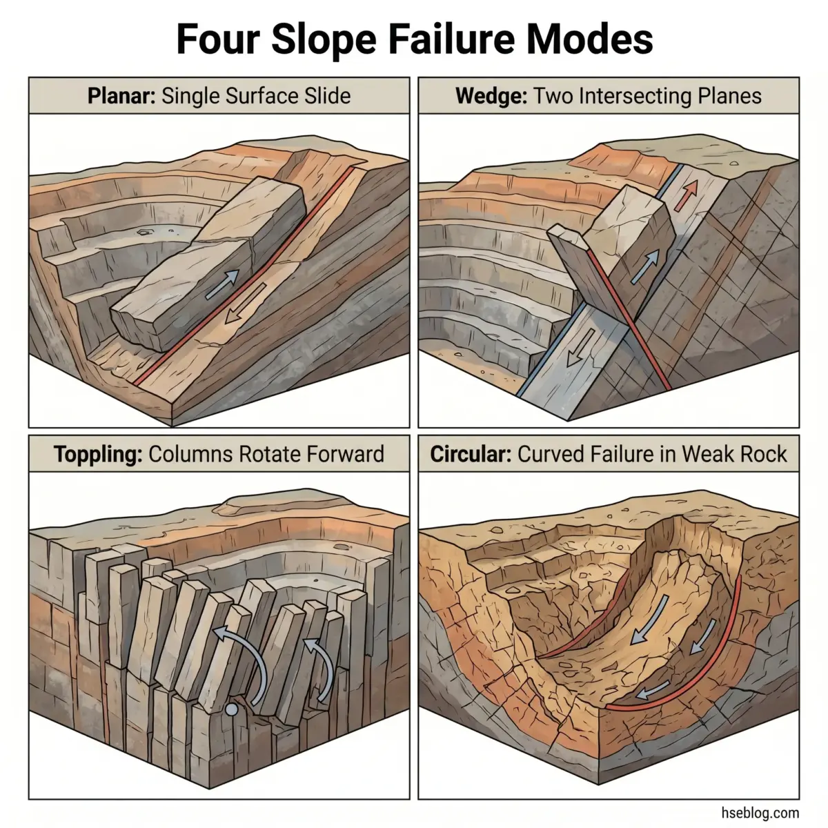 Diagram showing four geological slope failure modes: planar single surface slides, wedge failures along two intersecting planes, toppling of forward-rotating columns, and circular failures in weak rock formations.
