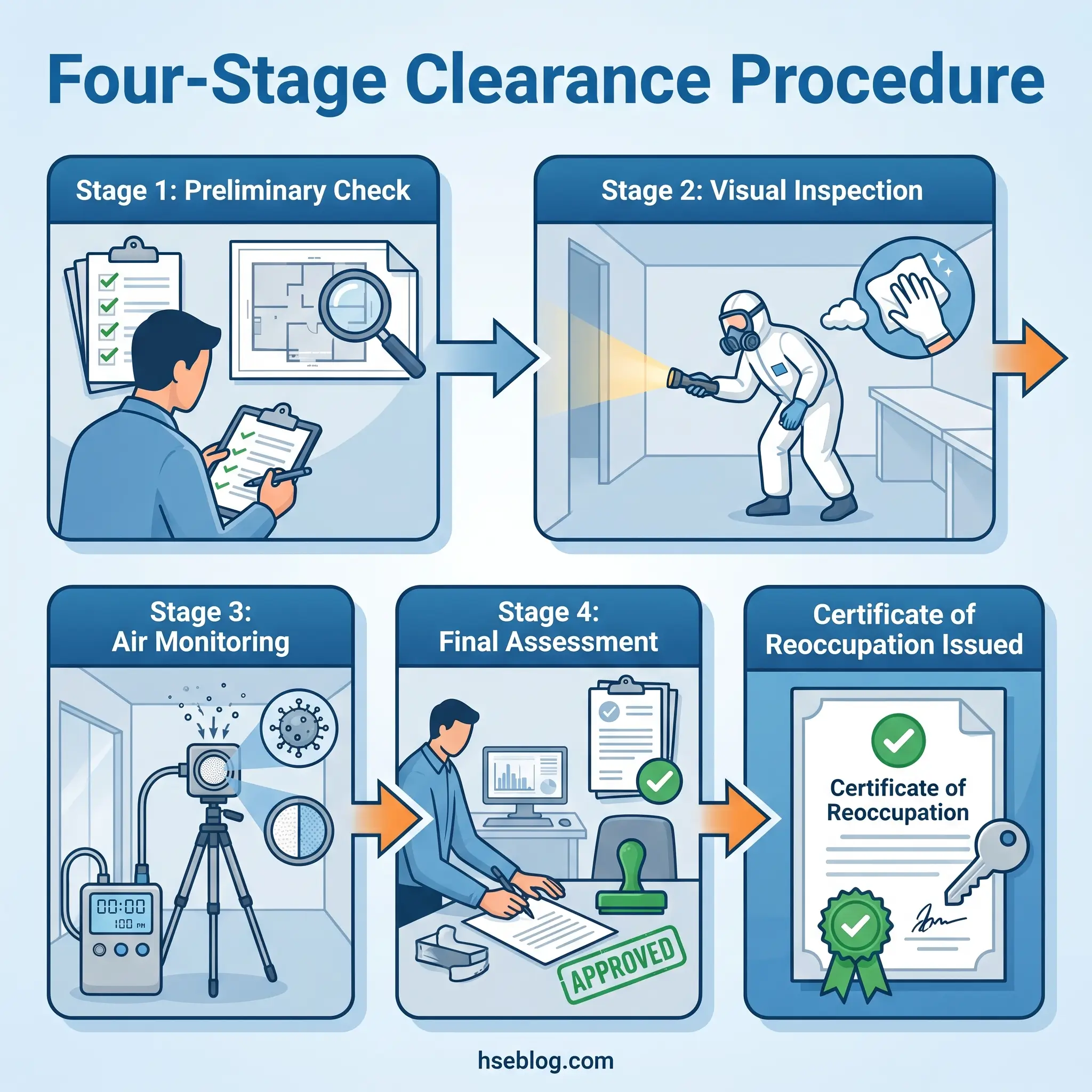 Infographic showing the four-stage clearance procedure: preliminary check with documentation review, visual inspection by a technician in protective gear, air monitoring with equipment and sensors, final assessment with approval, and issuance of a certificate of reoccupation.