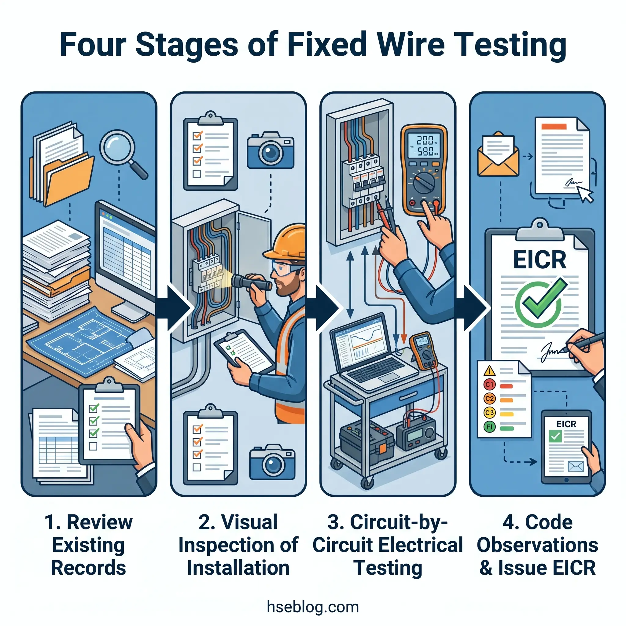 Infographic showing the four sequential stages of fixed wire electrical testing: reviewing documentation, conducting visual inspections, performing circuit-by-circuit electrical testing with multimeters, and completing EICR compliance reports.
