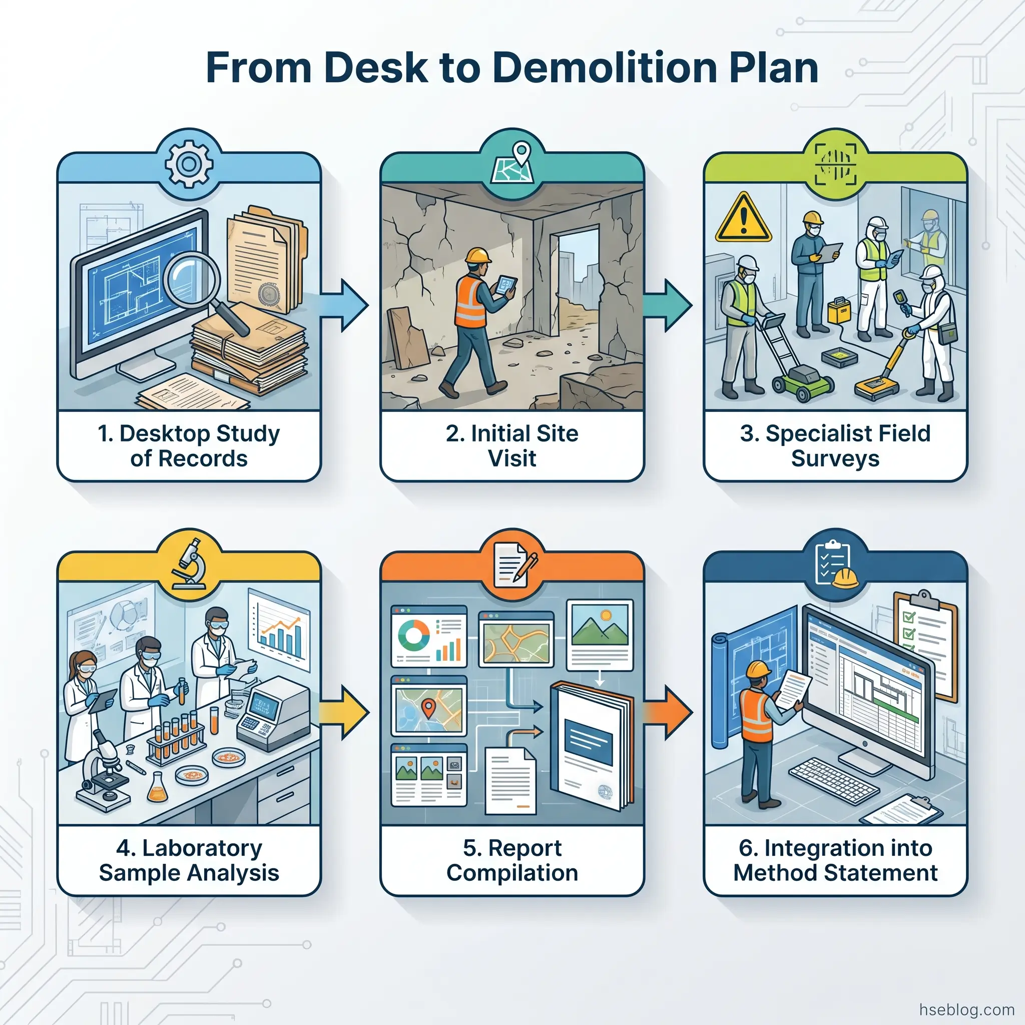 Six-step process flowchart illustrating demolition planning from initial desktop research through site visits, specialist surveys, laboratory analysis, report completion, and final integration into method statements.