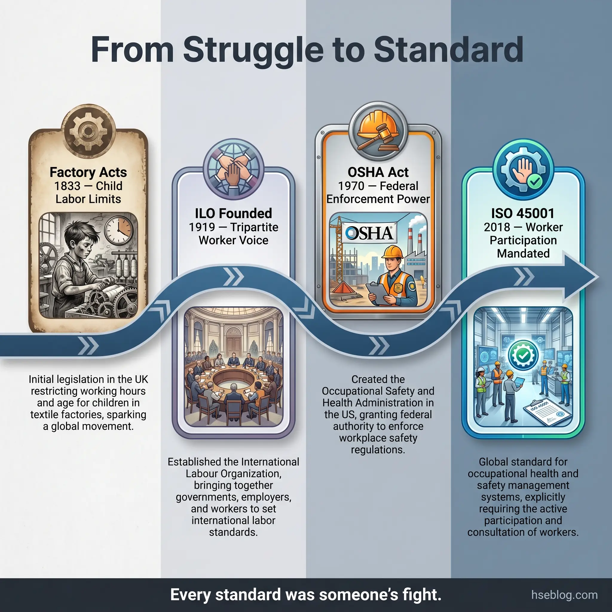 Timeline showing the evolution of worker safety standards from 1833 Factory Acts through ISO 45001 in 2018, illustrating key milestones in occupational health, labor rights, and international safety regulations.