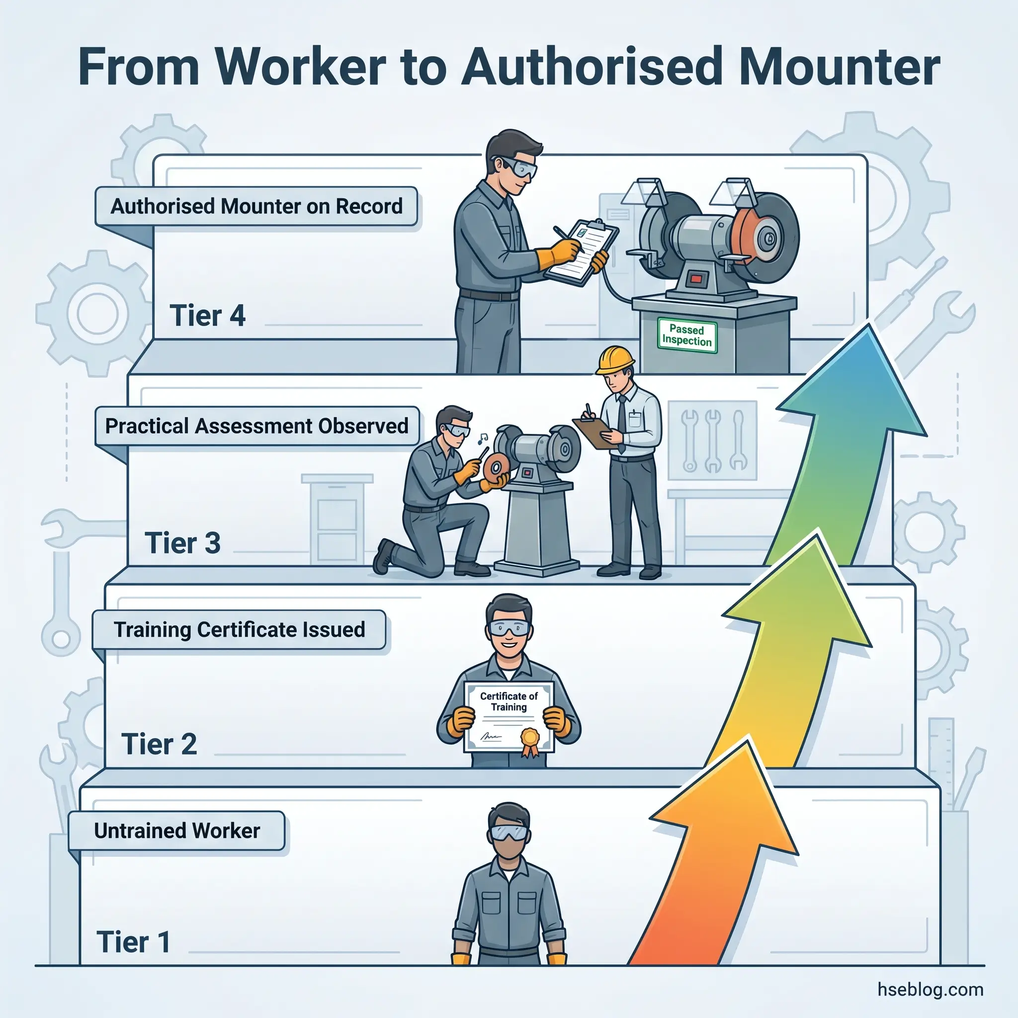 Four-tier progression flowchart showing steps from untrained worker to authorized mounter, including training certificate issuance, practical assessment observation, and official authorization with inspection approval.