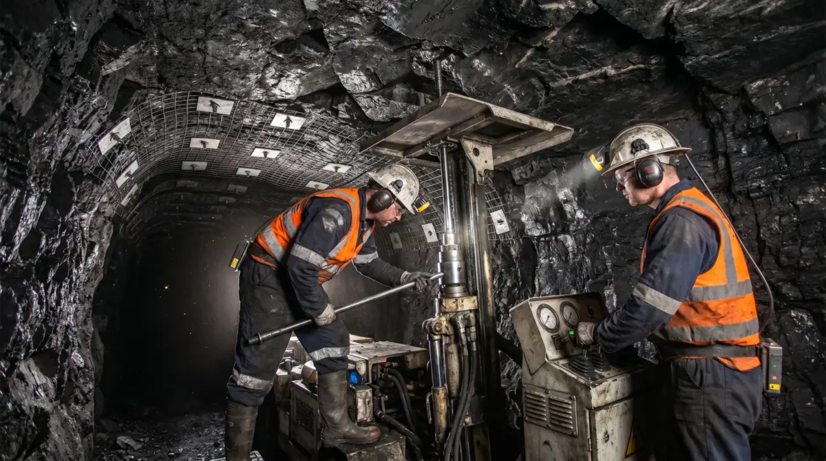 Two miners in orange safety vests and hard hats operate drilling equipment in a dark underground coal mine tunnel with reinforced mesh walls and overhead lighting.