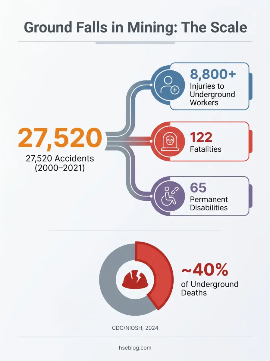 Infographic showing ground fall accident statistics in mining from 2000-2021, displaying 27,520 total accidents resulting in 8,800+ injuries, 122 fatalities, 65 permanent disabilities, with 40% of underground deaths attributed to ground falls.
