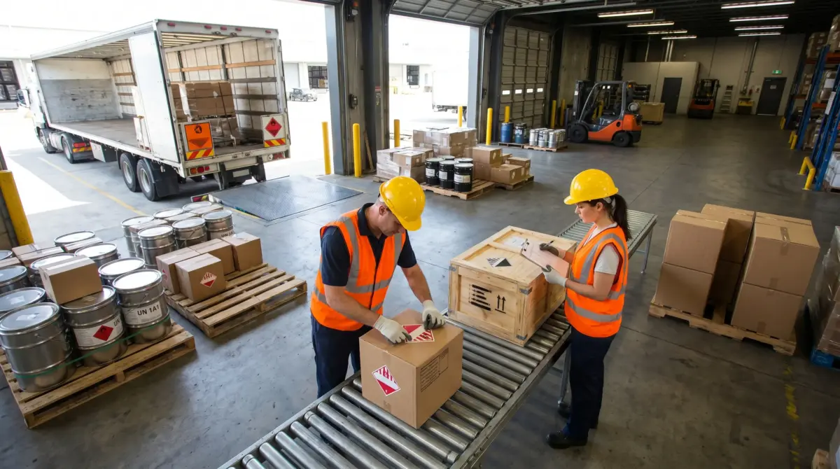 Two warehouse workers in safety vests and hard hats process packages on a conveyor system in a busy distribution center with trucks, pallets, and hazardous material containers.