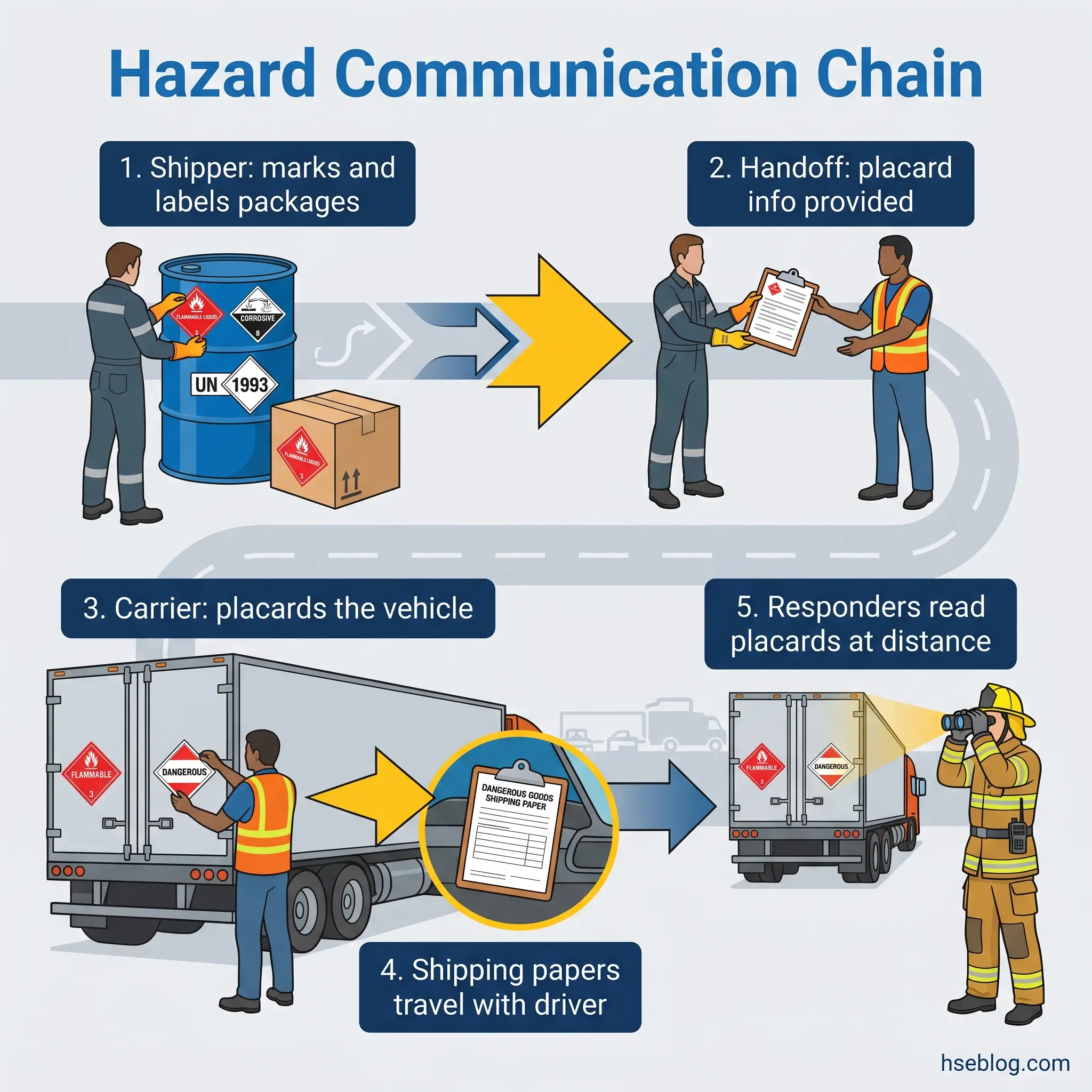 Infographic showing five steps of hazardous materials communication chain: shipper labeling packages, handoff with placard information, carrier placarding vehicle, shipping papers traveling with driver, and emergency responders reading placards at distance.