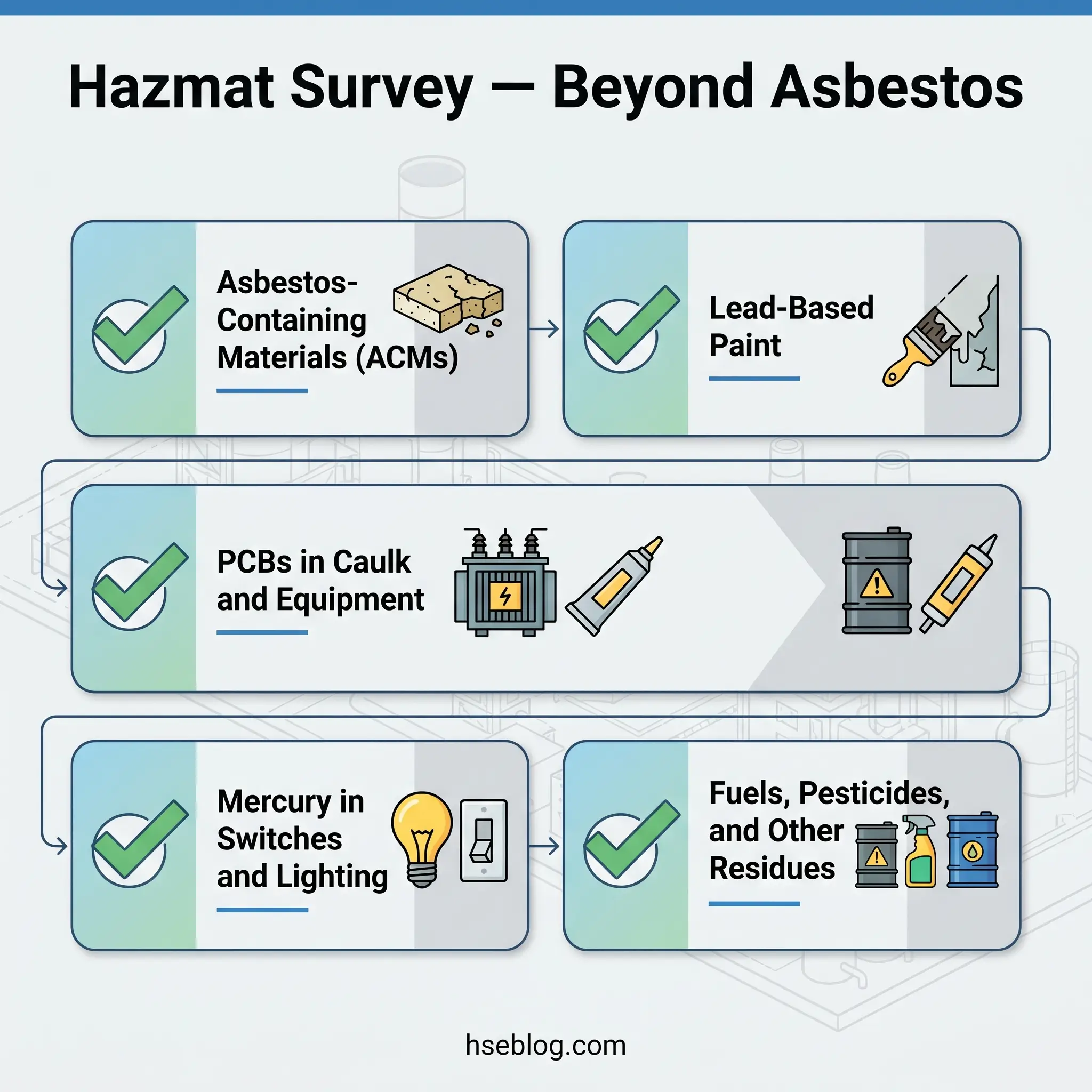Infographic showing five hazmat categories surveyed beyond asbestos: asbestos-containing materials, lead-based paint, PCBs in caulk and equipment, mercury in switches and lighting, and fuels, pesticides, and other residues.