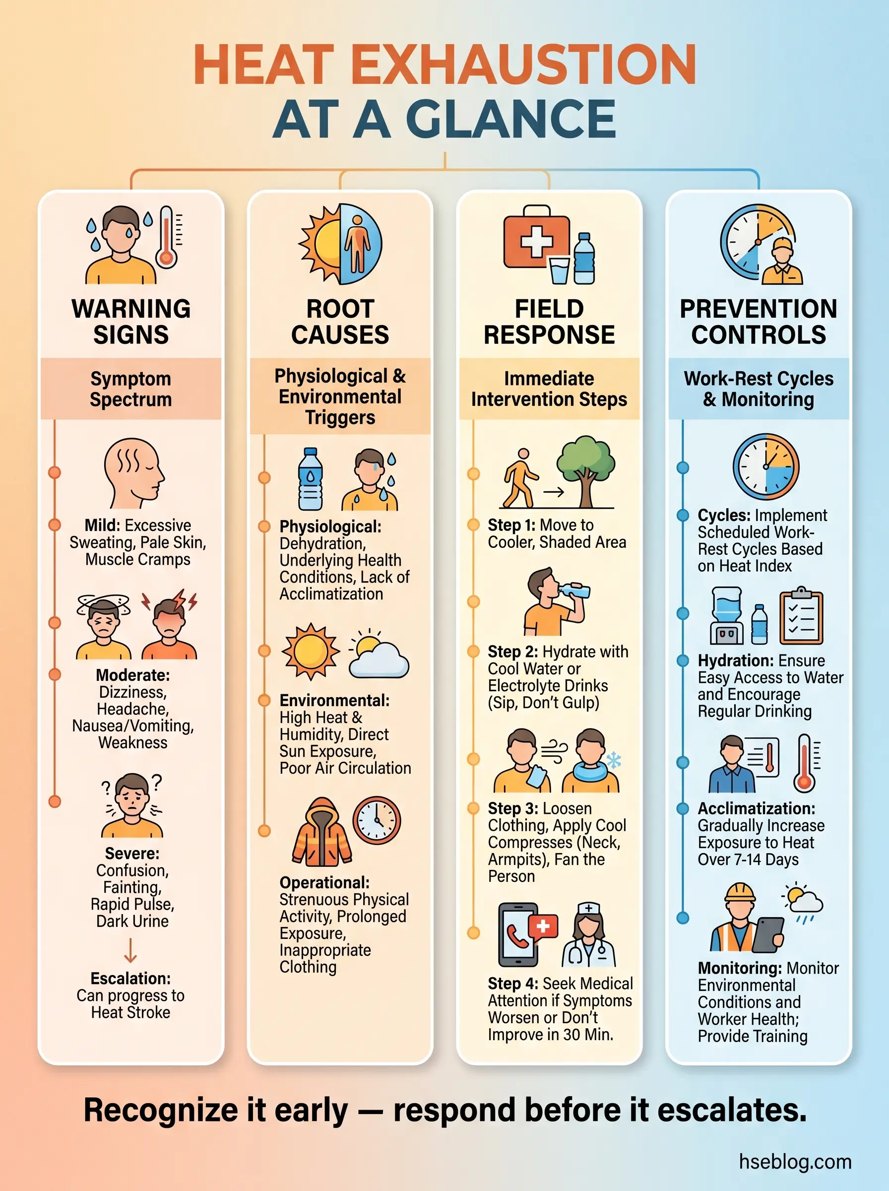 Infographic showing heat exhaustion warning signs, root causes, field response steps, and prevention controls to recognize and respond to heat-related illness early before it escalates.