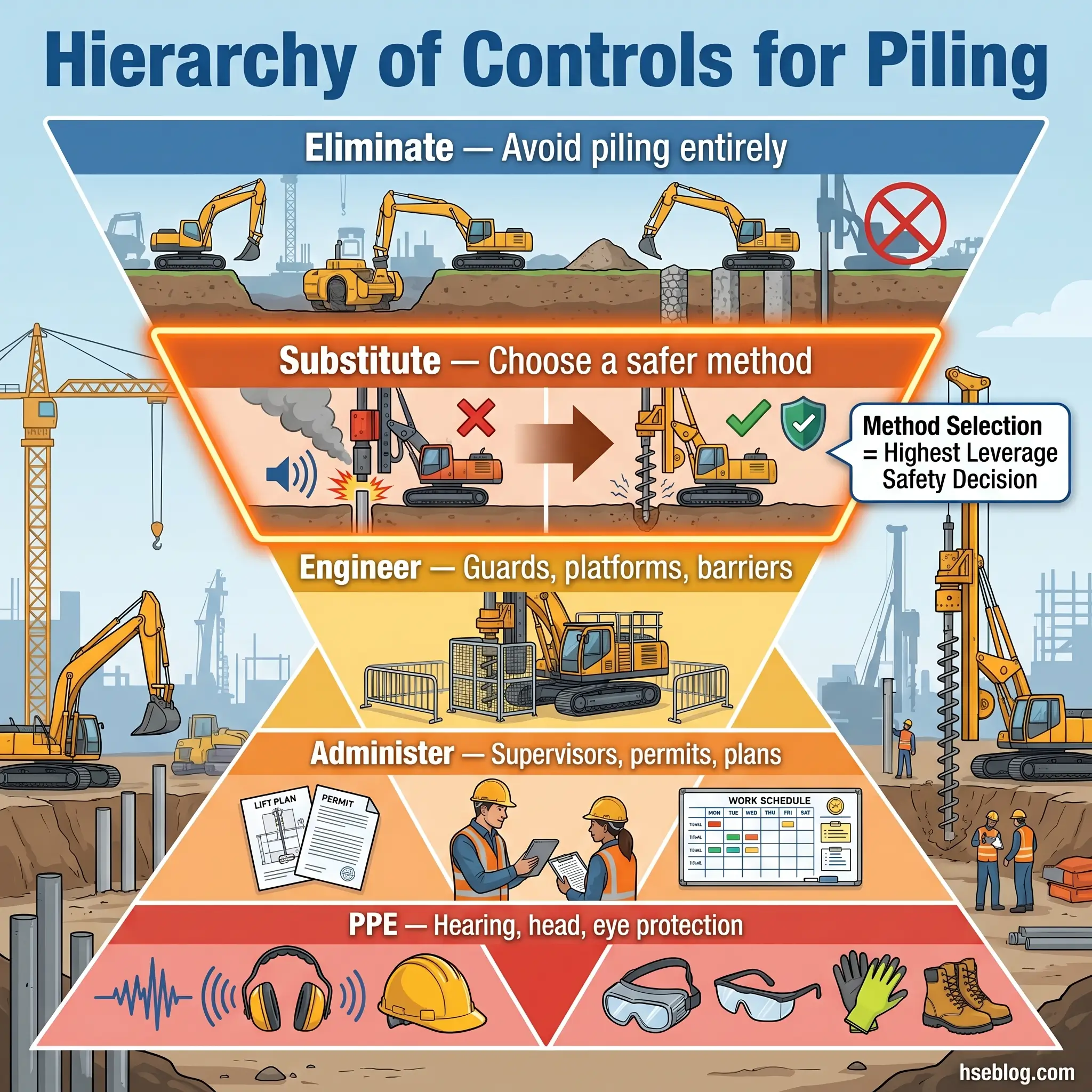 Pyramid diagram showing the hierarchy of controls for piling safety, from eliminating piling entirely at top through substitution, engineering, administration, and PPE at bottom, with construction site illustrations.