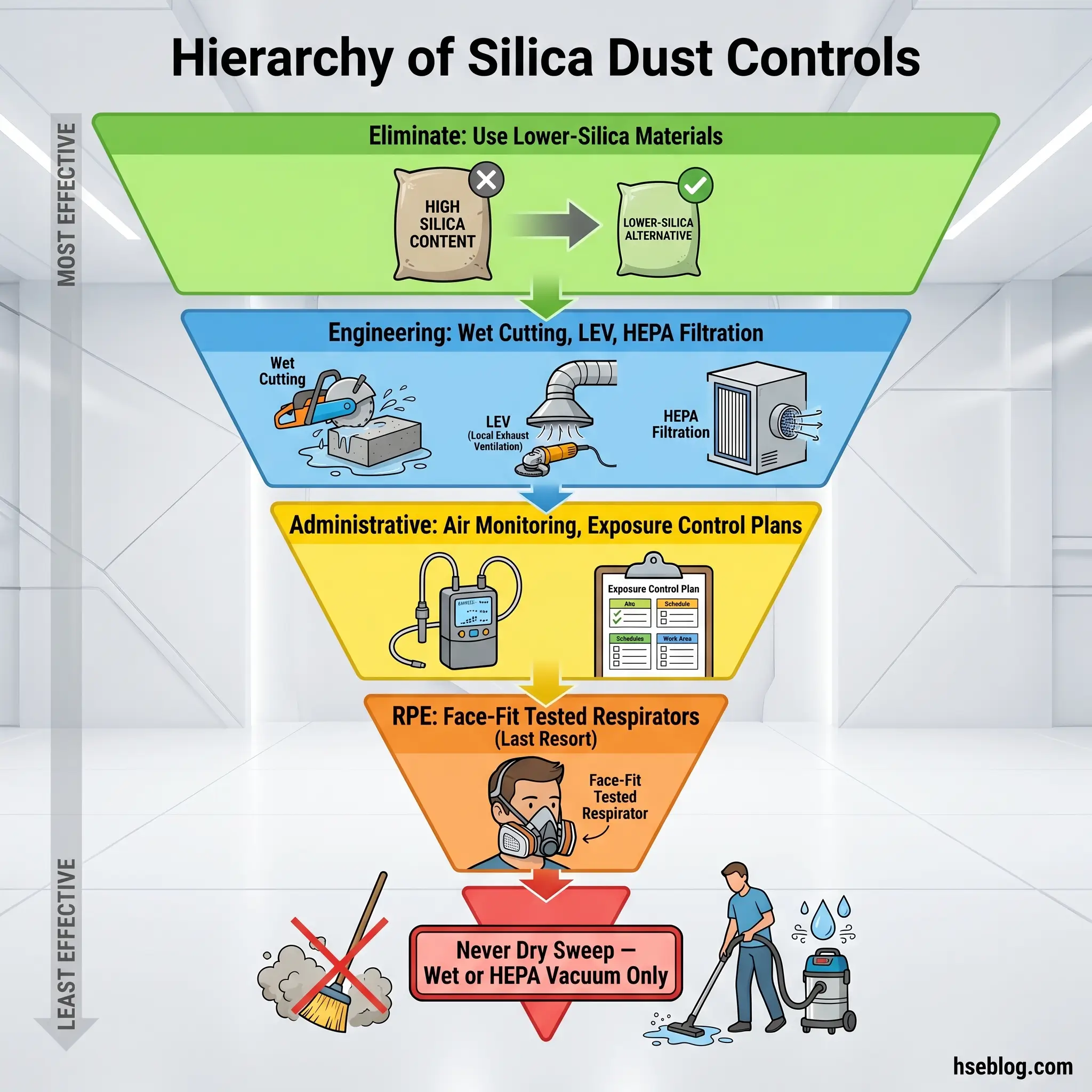 Hierarchical pyramid diagram showing silica dust control methods from most to least effective: eliminating high-silica materials, engineering controls like wet cutting and HEPA filtration, administrative monitoring, respirators, and never dry sweeping.
