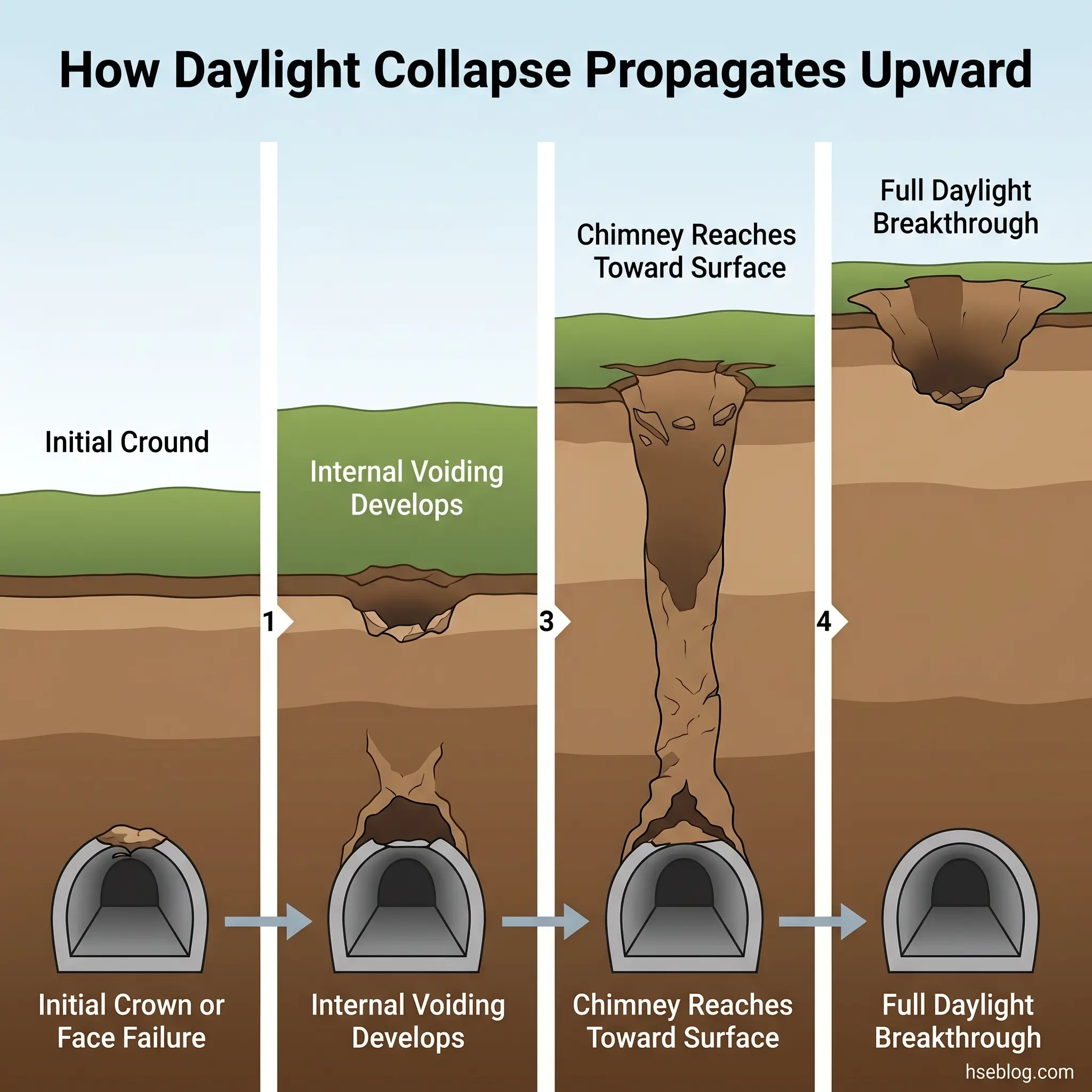 Four-stage cross-section diagram showing how daylight collapse propagates upward from an underground tunnel, progressing from initial crown failure through internal voiding to a chimney reaching the surface and finally breaking through.