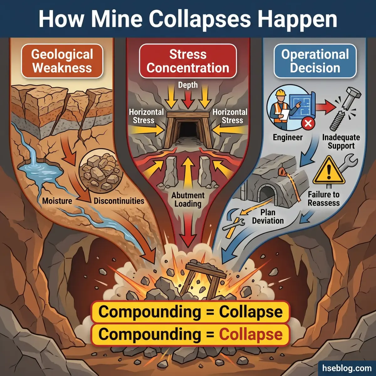 Infographic showing three contributing factors to mine collapses: geological weakness with moisture and discontinuities, stress concentration from depth and abutment loading, and operational decisions like inadequate support and plan deviation.