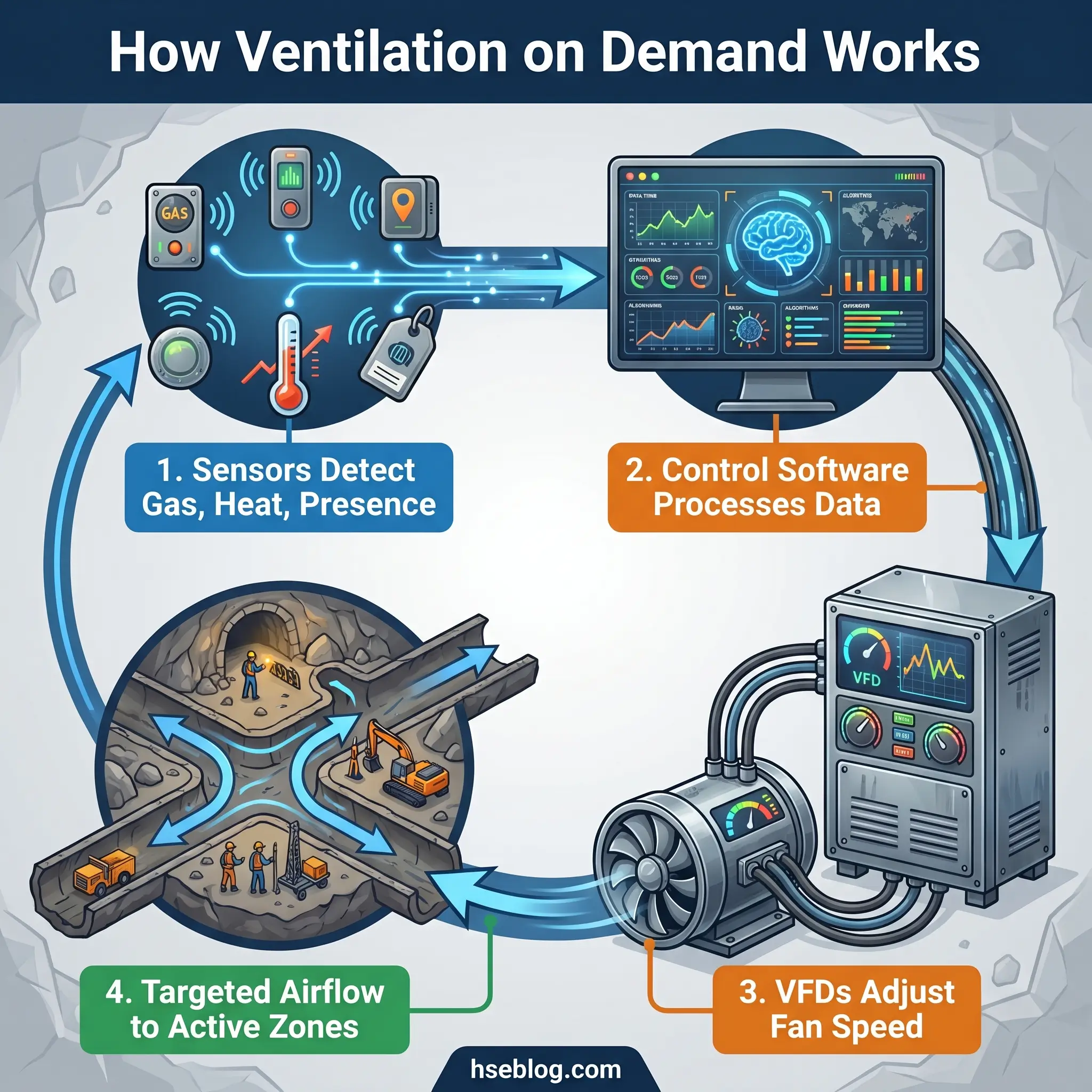 Infographic showing the four-step ventilation on demand process: sensors detect gas, heat, and presence; control software processes data; VFDs adjust fan speed; and targeted airflow is delivered to active zones.