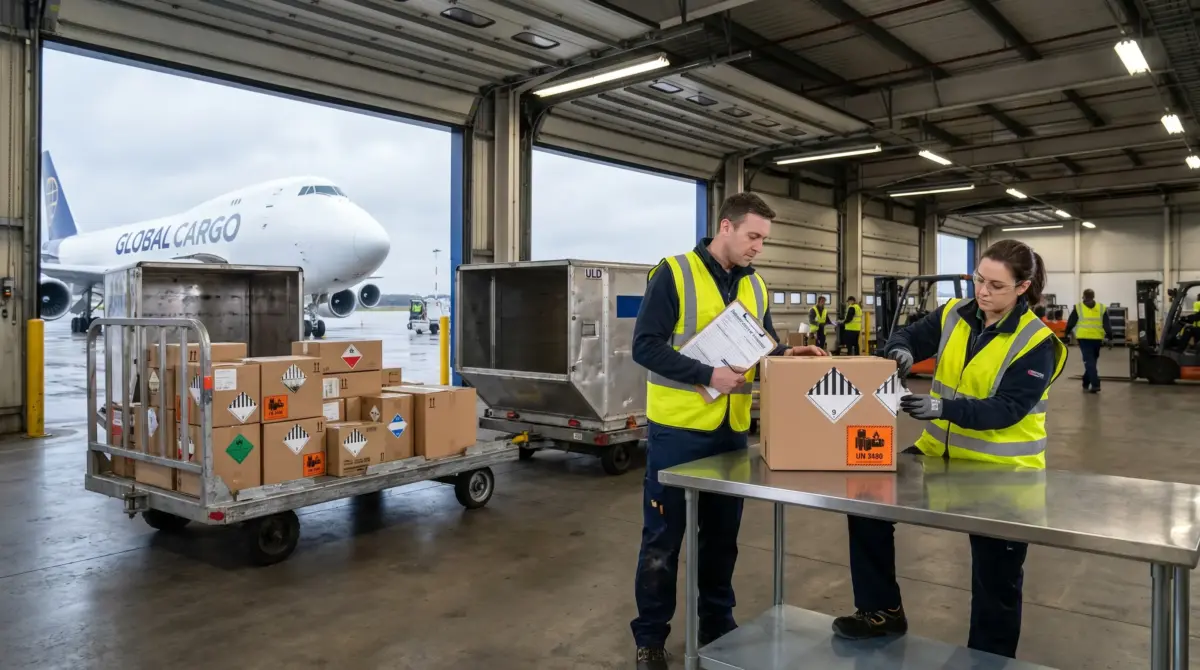 Cargo workers in high-visibility vests process shipping boxes at an airport hangar, with a Global Cargo aircraft visible through the open doors and loading equipment nearby.