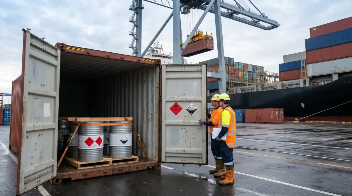 Two workers in safety gear inspect hazardous material drums loaded in a shipping container at a busy port with cranes and stacked cargo ships in the background.